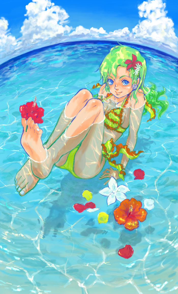aji nori, elchi cargo, sentou mecha xabungle, bad id, bad pixiv id, 1girl, between toes, bikini, blue eyes, cloud, day, feet, female focus, flower, frilled bikini, frills, green hair, hair flower, hair ornament, hibiscus, holding with feet, knees, long legs, petals, sky, solo, swimsuit, toes, water