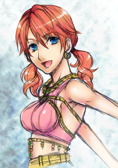unizo, oerba dia vanille, final fantasy, final fantasy xiii, 10s, 1girl, bare shoulders, blue eyes, breasts, earrings, female focus, jewelry, long hair, open mouth, red hair, short twintails, solo, tank top, twintails