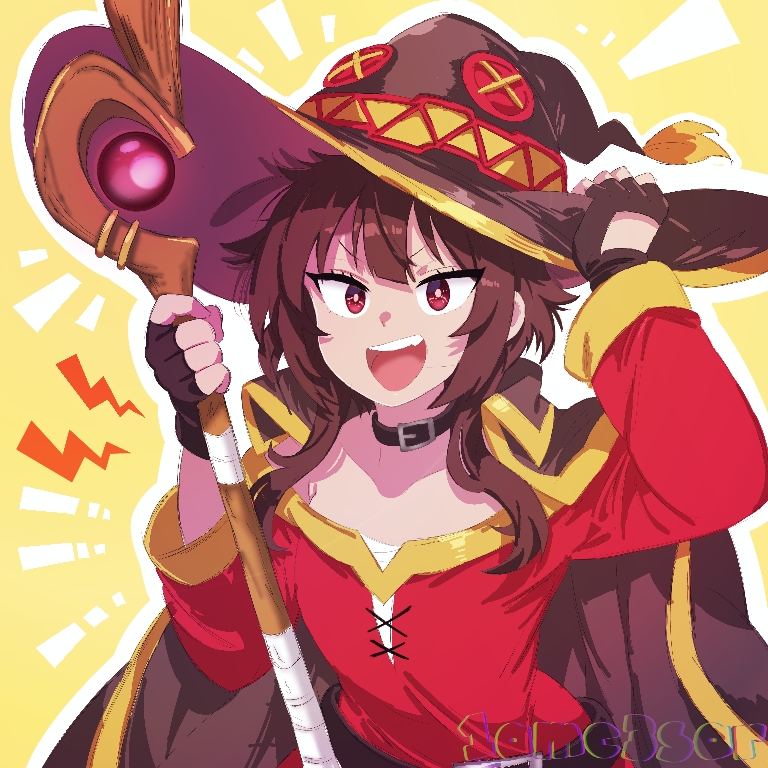 1am c3sar, megumin, kono subarashii sekai ni shukufuku wo!, commentary, 1girl, artist logo, belt collar, brown eyes, brown gloves, brown hair, brown hat, collar, emphasis lines, fingerless gloves, gloves, hat, holding, holding staff, logo, looking at viewer, medium hair, open mouth, red shirt, shirt, solo, staff, teeth, upper teeth only, witch hat