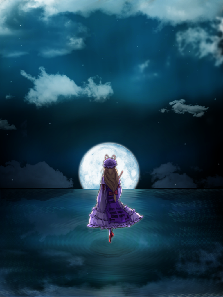 maruman, yakumo yukari, touhou, 1girl, arm at side, arm ribbon, aura, blonde hair, bow, cloud, dress, female focus, floating, folded fan, folding fan, full moon, hair bow, hand fan, hat, hat ribbon, horizon, long hair, long sleeves, mob cap, moon, moonlight, night, outdoors, red shoes, reflection, ribbon, ripples, shoes, sky, solo, tabard, trigram, very long hair, water, white dress, wide sleeves