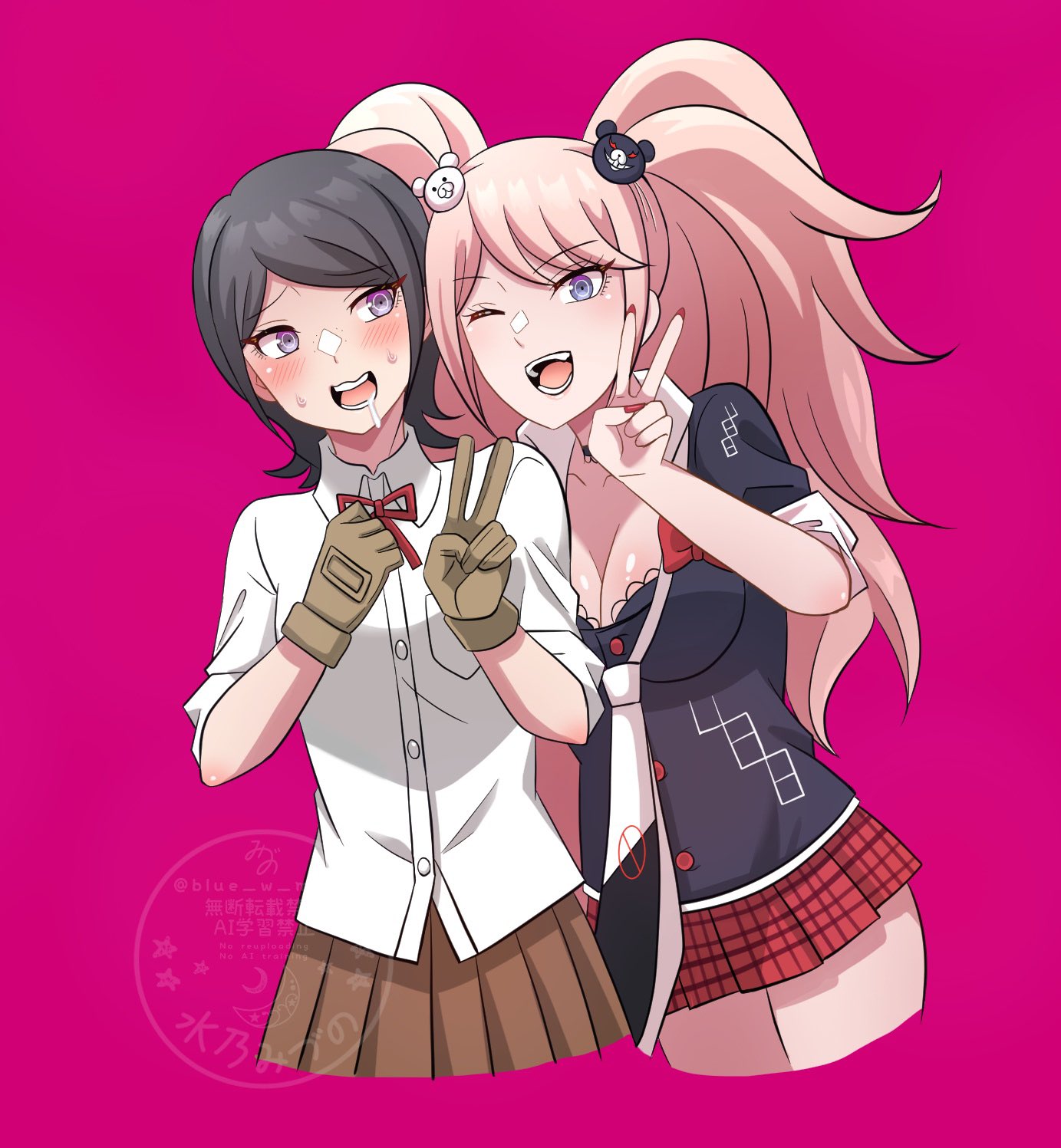 blue w moon, enoshima junko, ikusaba mukuro, danganronpa: trigger happy havoc, danganronpa (series), highres, 2girls, bear hair ornament, black hair, blonde hair, blue eyes, blush, bow, breasts, brown skirt, cleavage, collared shirt, dress shirt, freckles, hair ornament, long hair, miniskirt, multiple girls, necktie, plaid clothes, plaid skirt, red skirt, ribbon, saliva, school uniform, shirt, short hair, siblings, skirt, smile, teeth, twintails, v