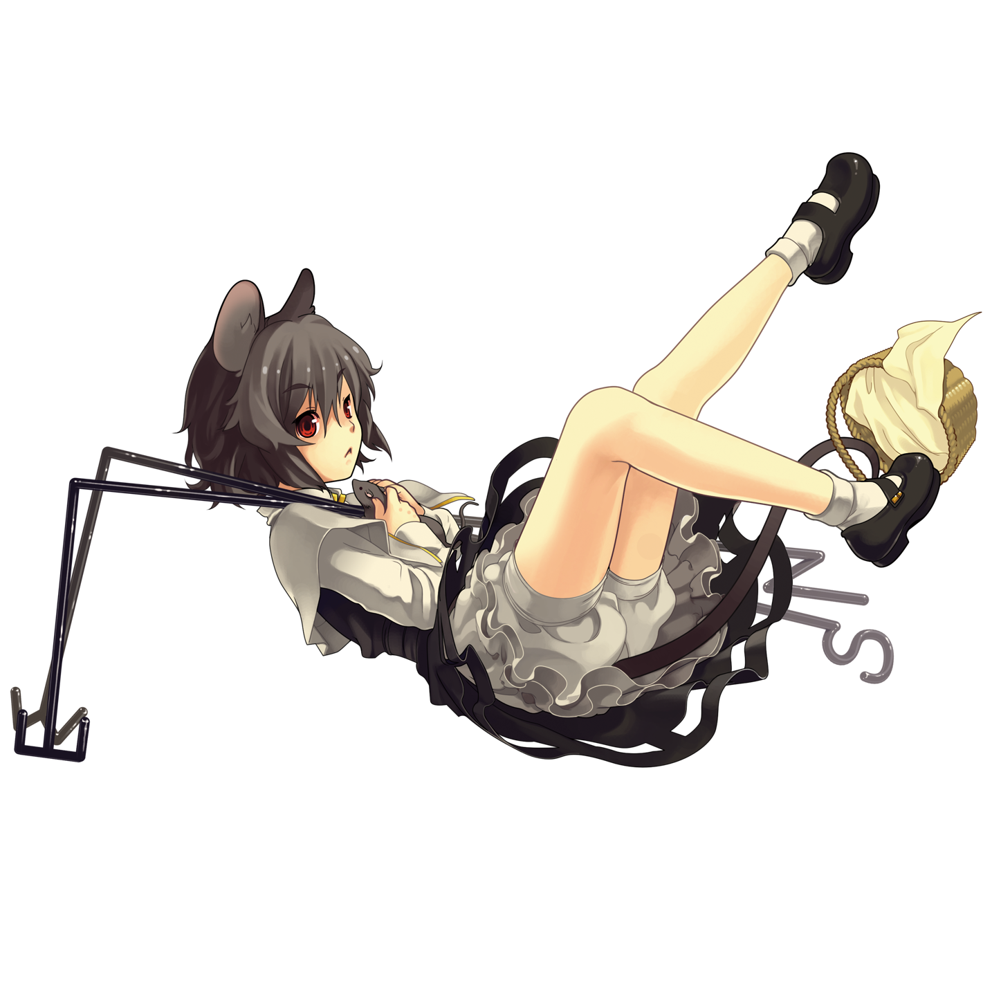 kondou (dioptrie), nazrin, touhou, bad id, bad pixiv id, highres, 1girl, animal ears, basket, female focus, full body, grey hair, mary janes, mouse (animal), mouse ears, mouse tail, red eyes, shoes, short hair, socks, solo, tail, transparent background