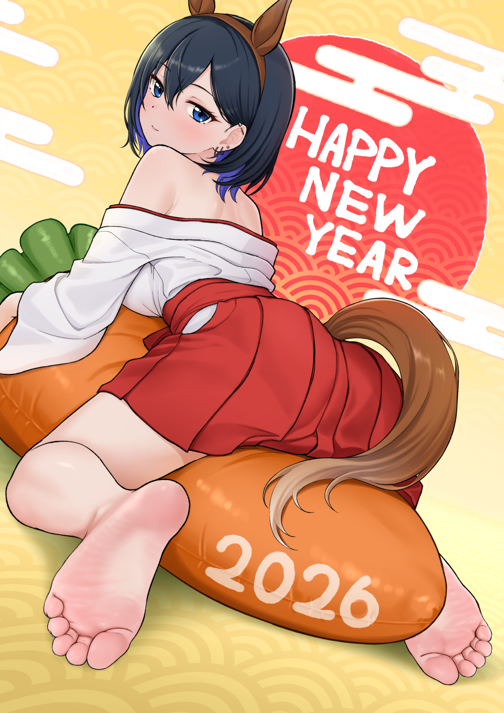hinosaki, original, commentary request, highres, 1girl, 2026, animal ear hairband, animal ears, barefoot, black hair, blue eyes, blue hair, brown hairband, chinese zodiac, closed mouth, colored inner hair, earrings, fake animal ears, fake tail, feet, foot focus, full body, hair between eyes, hairband, hakama, hakama skirt, happy new year, hoop earrings, horse ears, horse tail, japanese clothes, jewelry, kimono, long sleeves, looking at viewer, multicolored hair, multiple earrings, new year, red hakama, short hair, skirt, soles, solo, stud earrings, stuffed carrot, tail, toes, two-tone hair, white kimono, wide sleeves, year of the horse
