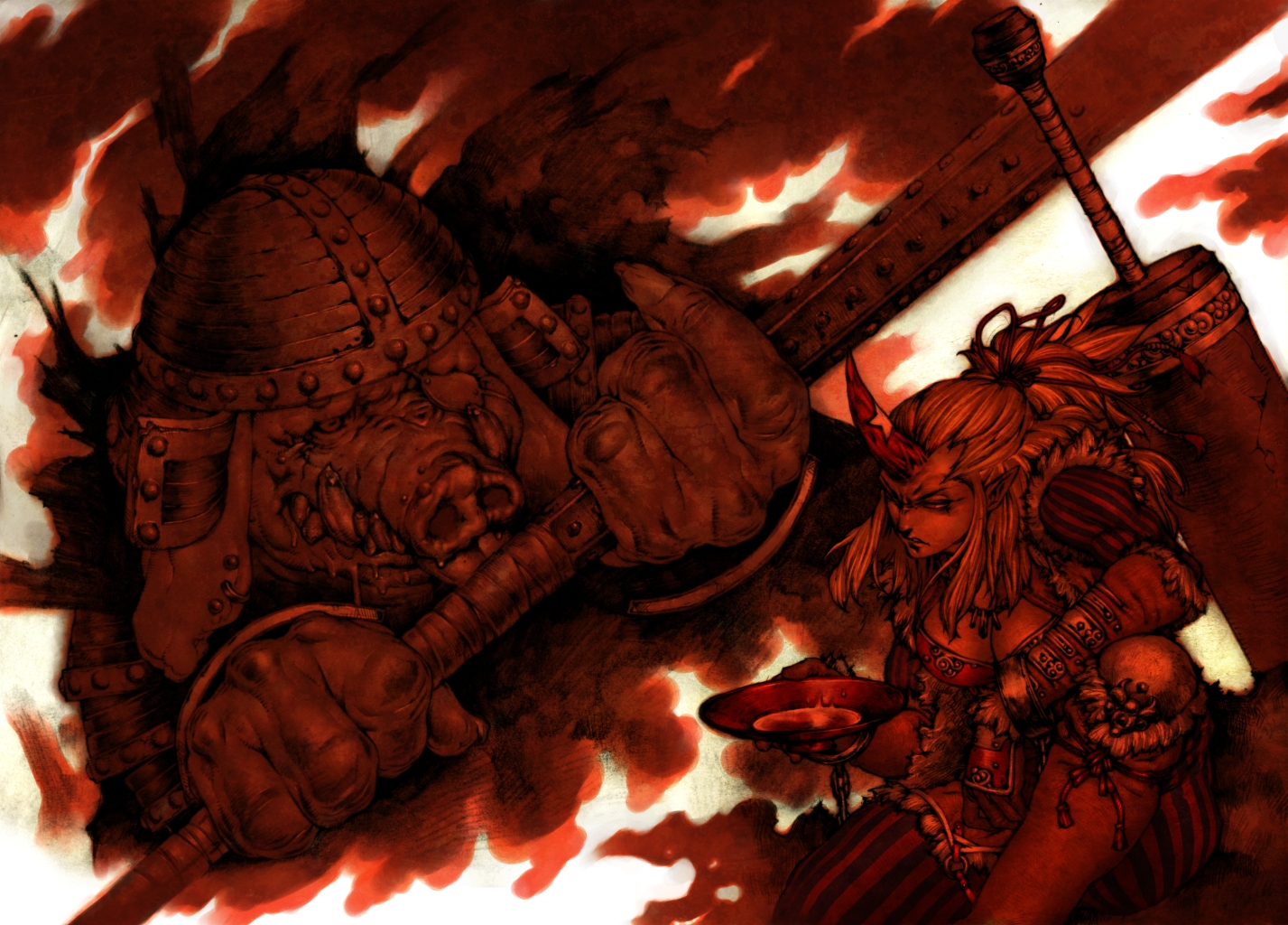 tamo imai, hoshiguma yuugi, touhou, bad id, bad pixiv id, 1girl, alternate costume, alternate hairstyle, armor, club, club (weapon), female focus, helmet, horns, kanabou, long hair, monster, oni, pig snout, ponytail, single horn, solo, weapon