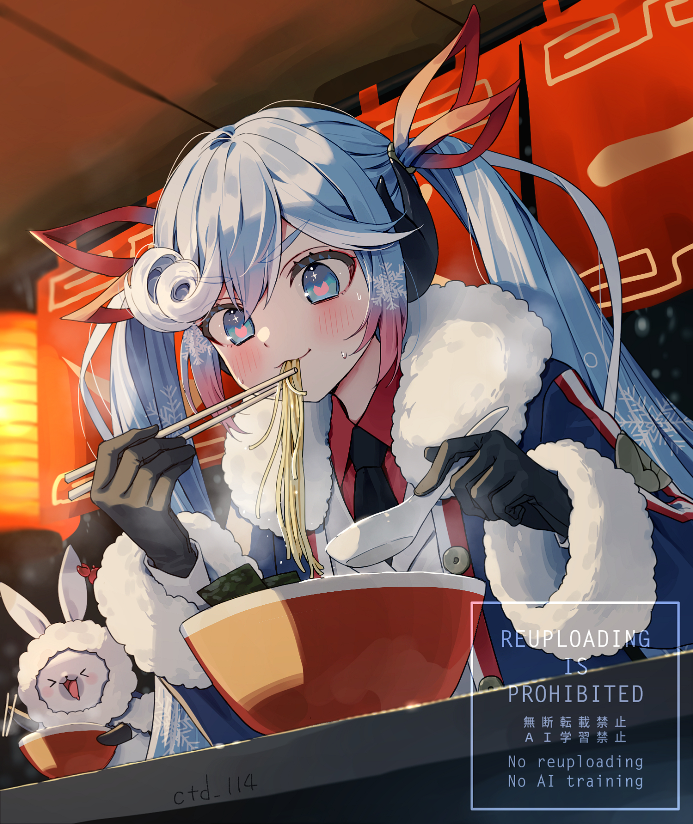 ctd 114, hatsune miku, rabbit yukine, yuki miku, yuki miku (2022), vocaloid, commentary request, highres, > <, 1girl, artist name, black gloves, black necktie, blue eyes, blue hair, blue jacket, blush, bowl, chopsticks, closed mouth, collared shirt, eating, food, fur-trimmed sleeves, fur trim, gloves, hair ribbon, heart, heart-shaped pupils, holding, holding chopsticks, jacket, long hair, long sleeves, necktie, noodles, red ribbon, red shirt, ribbon, shirt, symbol-shaped pupils, twintails, upper body, watermark
