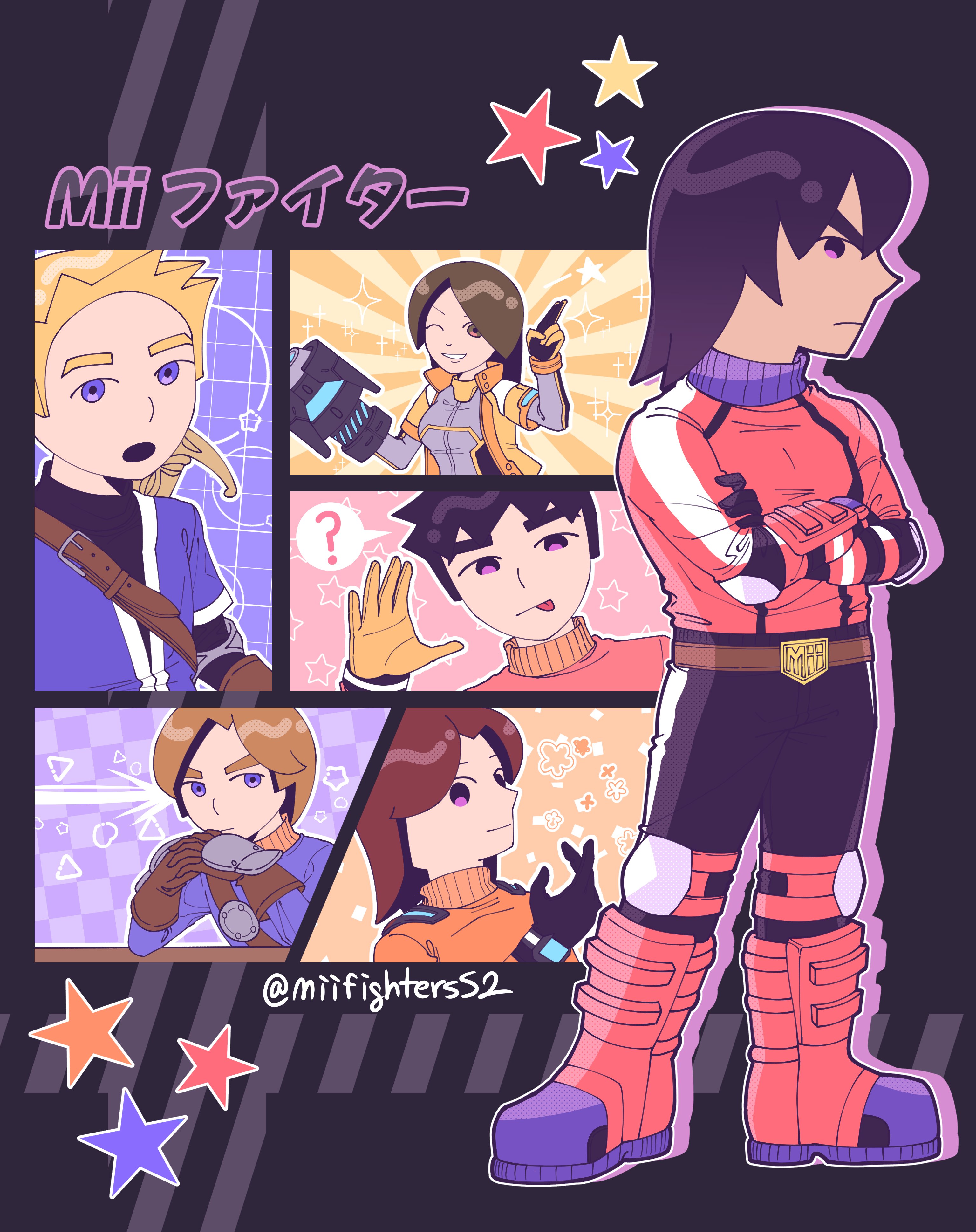 miifighterss2, mii (nintendo), mii brawler, mii brawler (smash ultimate), mii gunner, mii gunner (smash 4), mii gunner (smash ultimate), mii swordfighter, mii swordfighter (smash ultimate), nintendo, super smash bros., absurdres, highres, 2girls, 4boys, ?, arm cannon, belt, black bodysuit, black gloves, black hair, black pants, blonde hair, blue eyes, blue jacket, bodysuit, boots, brown belt, brown eyes, brown gloves, brown hair, closed mouth, crossed arms, gloves, helmet, holding, holding unworn helmet, index finger raised, jacket, knee pads, long hair, long sleeves, looking at viewer, multiple boys, multiple girls, one eye closed, open mouth, orange jacket, pants, purple eyes, red jacket, short hair, smile, sparkle, spoken question mark, standing, star (symbol), sword, tongue, tongue out, turtleneck, twitter username, unworn headwear, unworn helmet, v, weapon, weapon on back, yellow gloves