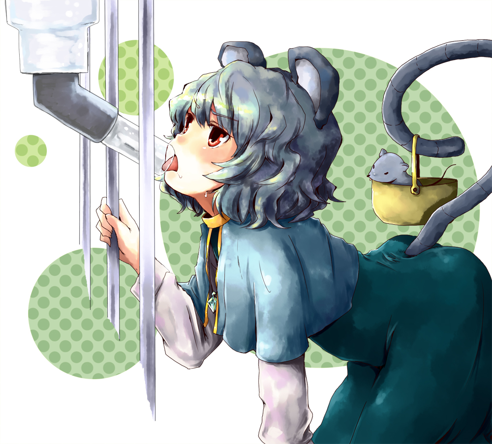 itsuki kuro, nazrin, touhou, bad id, bad pixiv id, 1girl, animal ears, basket, bent over, cage, female focus, grey hair, jewelry, kneeling, licking, mouse (animal), mouse ears, mouse tail, pendant, red eyes, short hair, solo, tail, tongue, water dispenser, white background