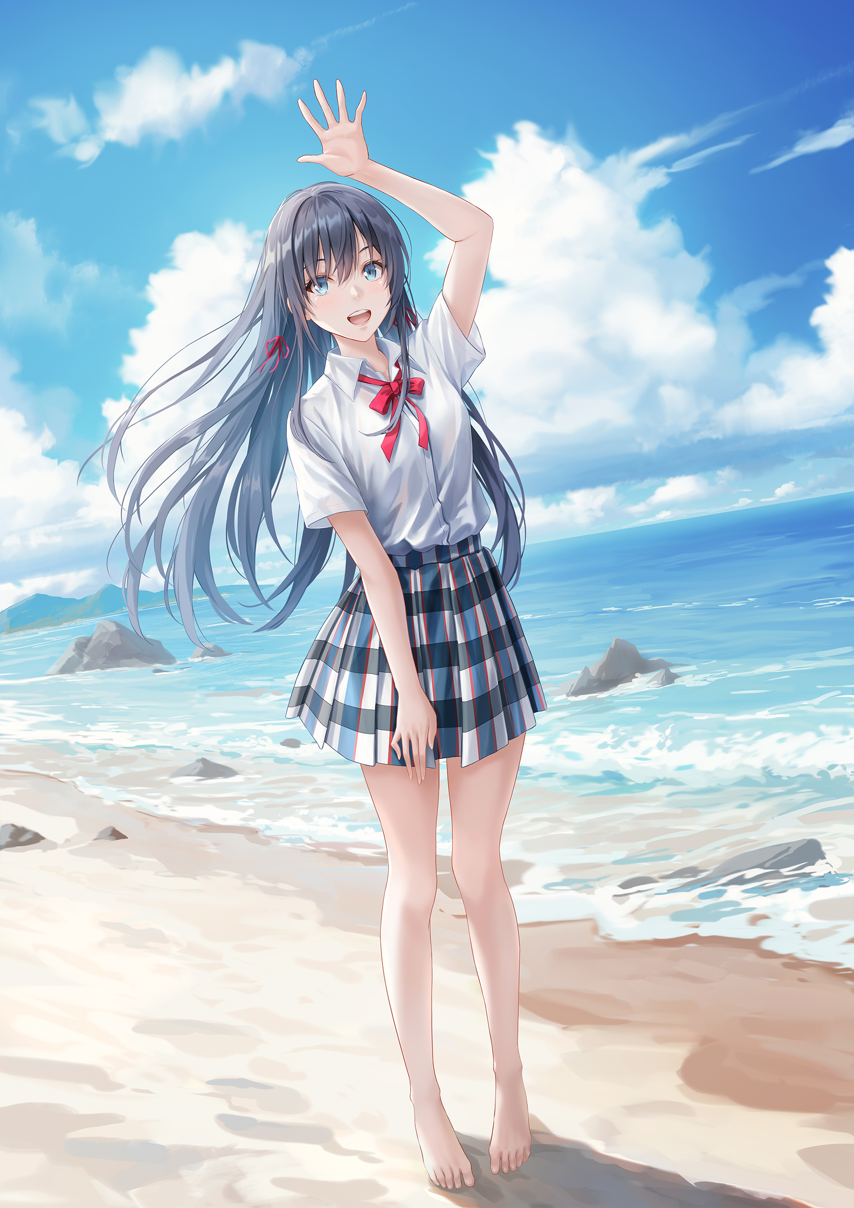 redpoke, yukinoshita yukino, yahari ore no seishun lovecome wa machigatteiru., absurdres, commentary, english commentary, highres, 1girl, arm up, barefoot, beach, black hair, blue eyes, cloud, collared shirt, day, feet, full body, hair ribbon, horizon, long hair, looking at viewer, neck ribbon, ocean, open mouth, outdoors, plaid clothes, plaid skirt, red ribbon, ribbon, sand, school uniform, shirt, shirt tucked in, shore, short sleeves, skirt, skirt tug, sky, smile, sobu high school uniform, solo, standing, summer uniform, teeth, toes, upper teeth only, water, waves, waving, white shirt
