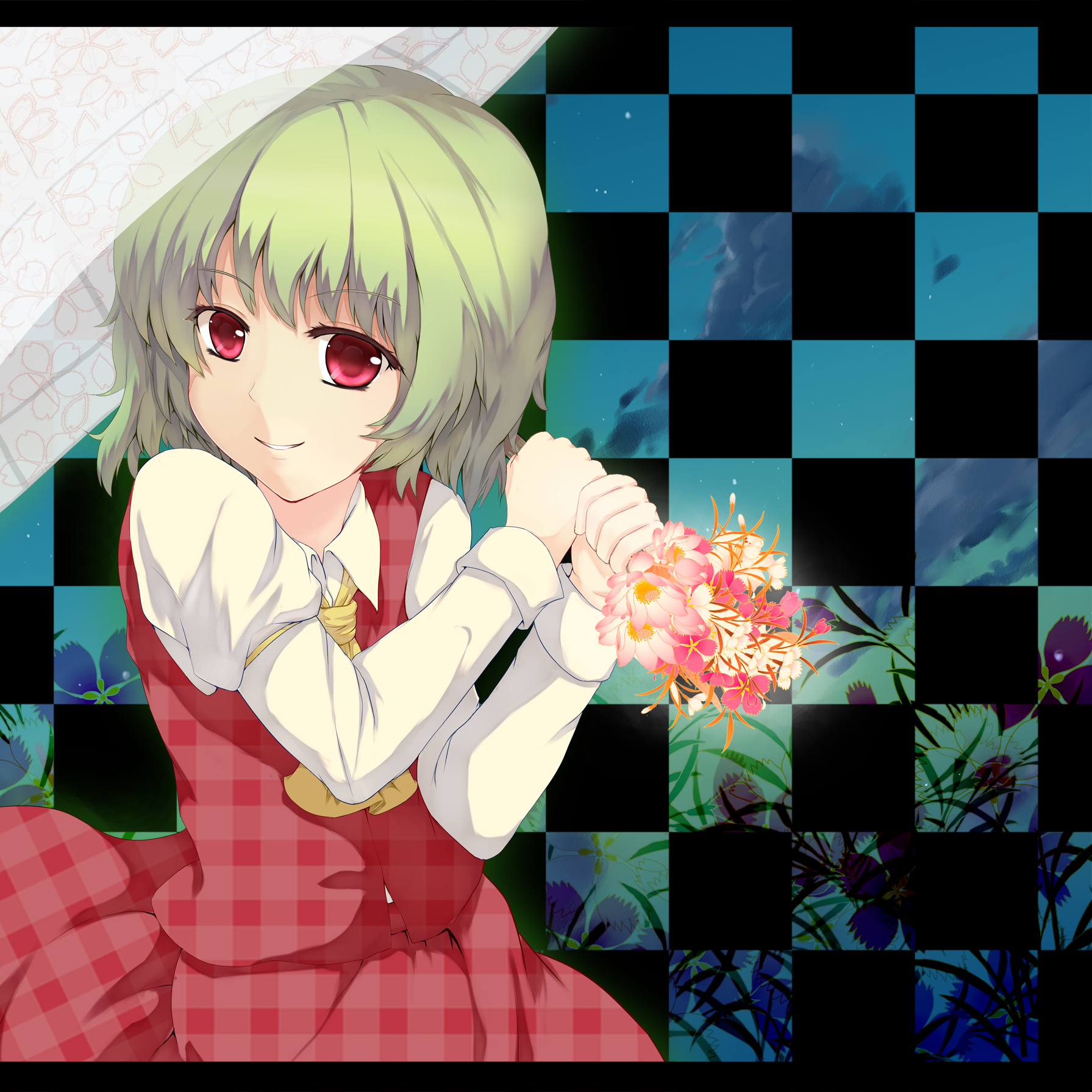 hiiragi mitsuna, kazami yuuka, touhou, highres, 1girl, ascot, checkered background, female focus, flower, green hair, letterboxed, plaid clothes, plaid skirt, plaid vest, red eyes, short hair, skirt, skirt set, smile, solo, square, umbrella, unmoving pattern, vest