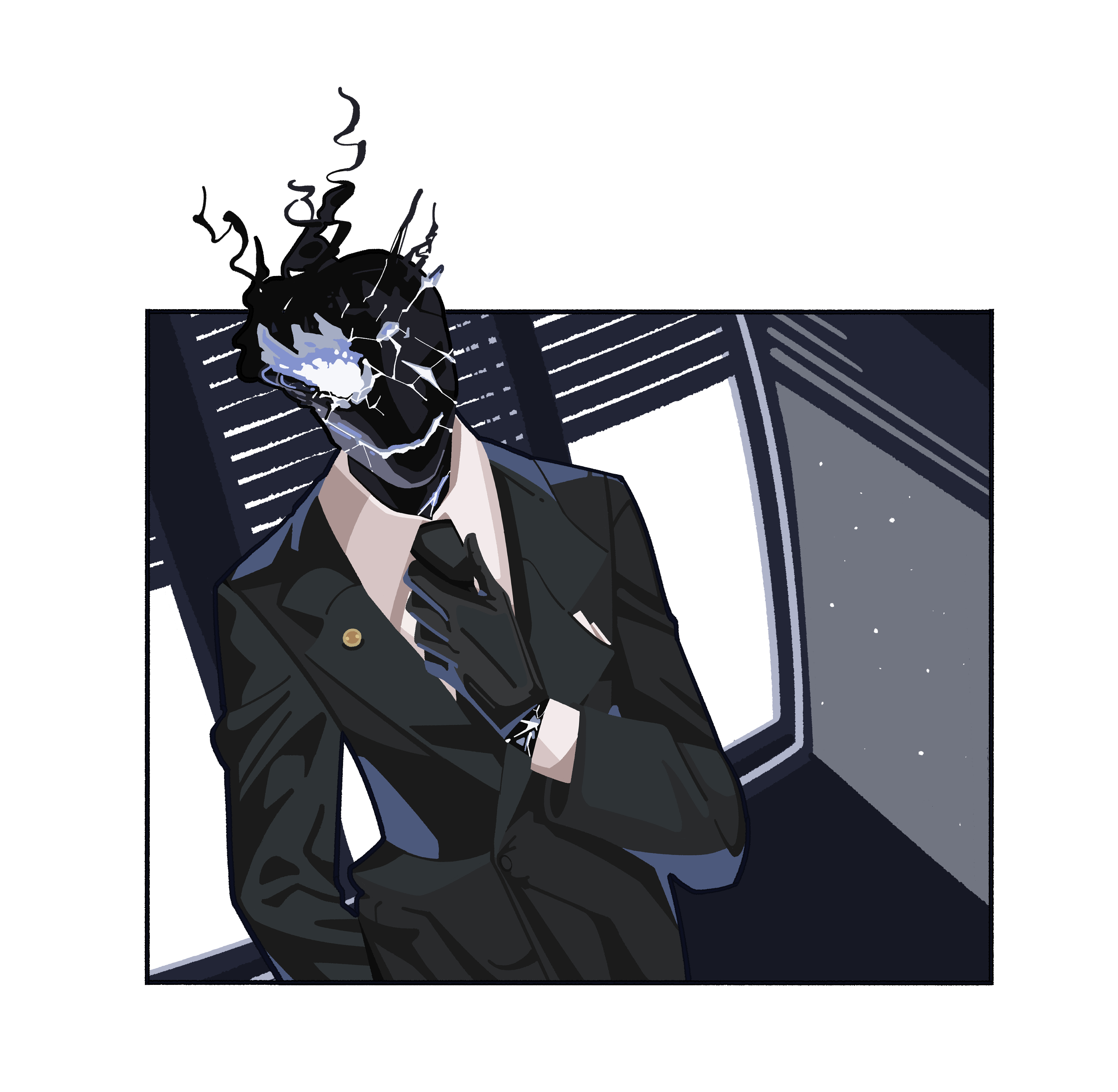 toucho3691, black suit (blue archive), blue archive, absurdres, highres, 1boy, black fire, black gloves, black necktie, black suit, business suit, collared shirt, cracked skin, fire, formal clothes, gloves, glowing, glowing eye, long sleeves, male focus, necktie, shirt, solo, suit, white shirt