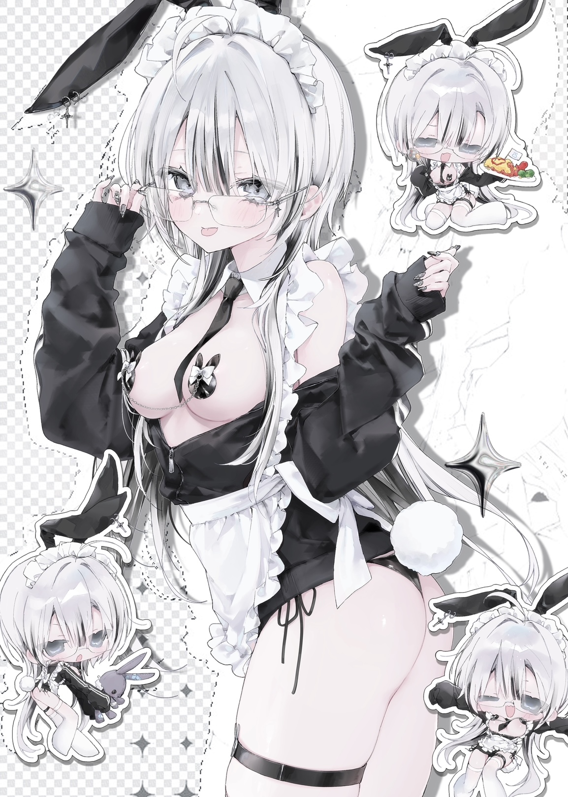mashiro shiki, original, commentary request, highres, 1girl, :p, ;d, adjusting eyewear, ahoge, animal ears, apron, ass, bare shoulders, bikini, bikini bottom only, black bikini, black jacket, black necktie, black ribbon, breasts, checkered background, chibi, detached collar, fake animal ears, fake tail, fingernails, food, glasses, grey eyes, grey nails, holding, holding plate, holding spoon, jacket, linked pasties, long fingernails, long hair, long sleeves, maid headdress, medium breasts, multiple views, nail polish, necktie, no bra, no pants, omelet, omurice, one eye closed, open clothes, open jacket, open mouth, partially unzipped, plate, rabbit ears, rabbit pasties, rabbit tail, ribbon, rimless eyewear, side-tie bikini bottom, sitting, skindentation, sleeves past wrists, smile, sparkle, spoon, stuffed animal, stuffed rabbit, stuffed toy, swimsuit, tail, thigh strap, thighhighs, tongue, tongue out, v-shaped eyebrows, very long hair, white apron, white hair, white thighhighs