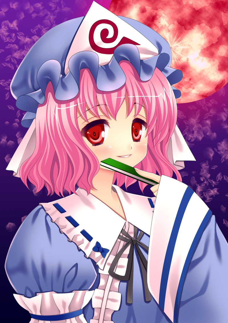 minatsuki alumi, saigyouji yuyuko, touhou, bad id, bad pixiv id, 1girl, female focus, hat, pink hair, red eyes, short hair, solo