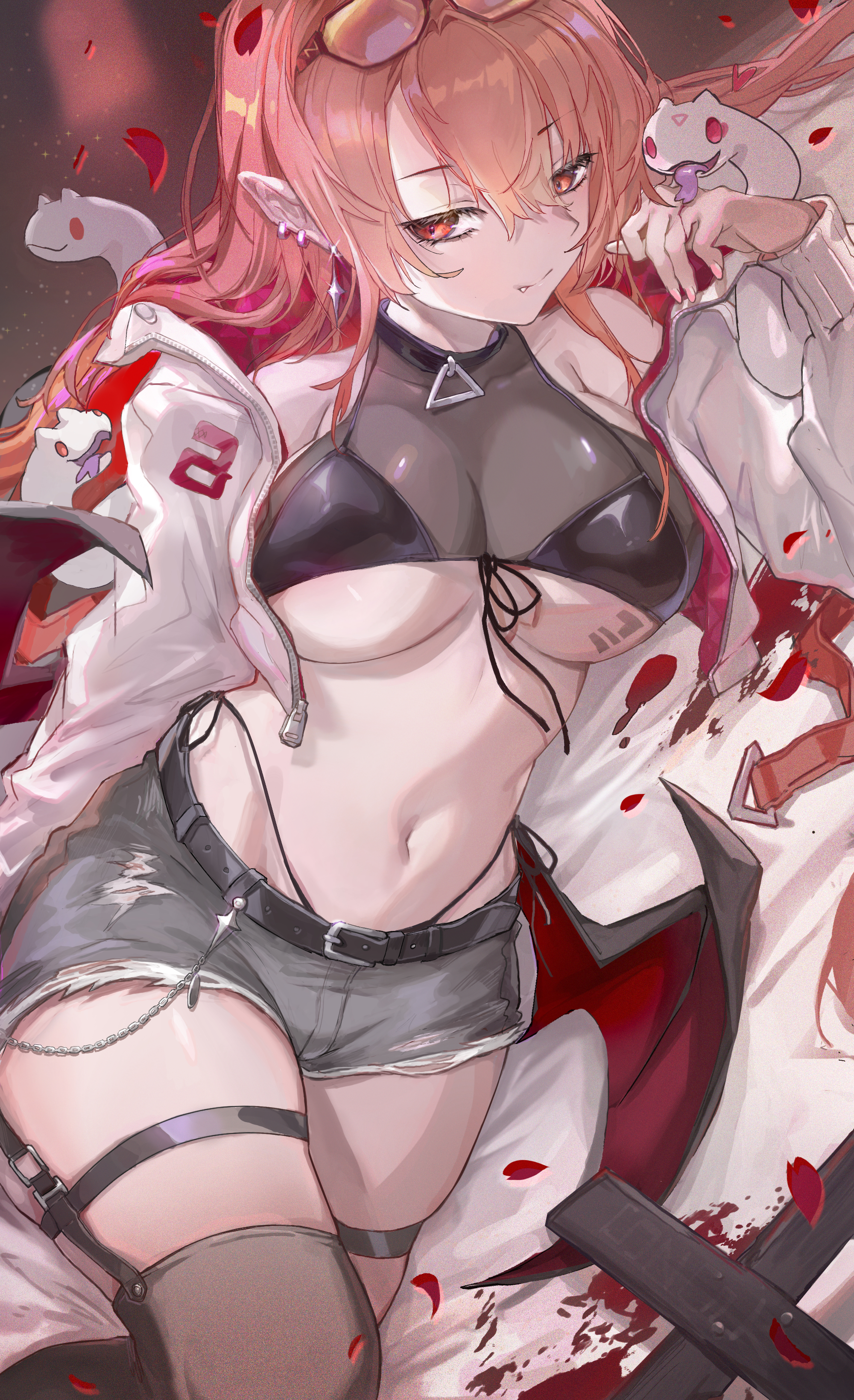 samu (a117216), original, absurdres, commentary request, highres, 1girl, bare shoulders, bed sheet, belt, belt buckle, bikini, bikini under clothes, black bikini, black ribbon, black thighhighs, breasts, buckle, chinese zodiac, closed mouth, covered collarbone, earrings, eyewear on head, fang, fang out, front-tie bikini top, front-tie top, grey shorts, hair between eyes, jacket, jewelry, large breasts, long hair, long sleeves, looking at viewer, lying, navel, off shoulder, on bed, on side, open clothes, open jacket, orange hair, petals, pointy ears, red eyes, ribbon, short shorts, shorts, side-tie bikini bottom, skindentation, smile, snake, solo, sparkle, swimsuit, thigh strap, thighhighs, underboob, white jacket, white snake, year of the snake