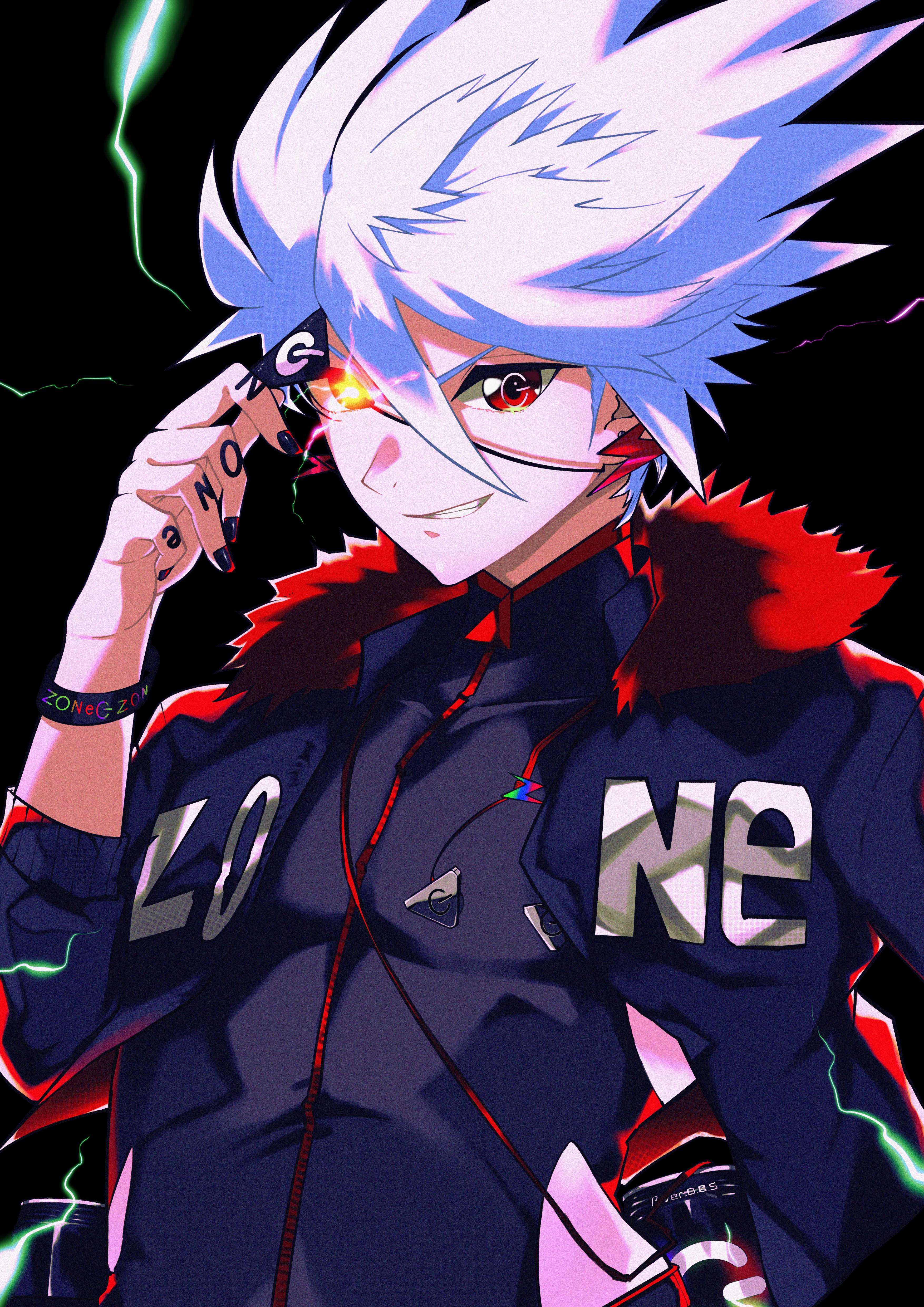 u tei, zonko, dive to zone, absurdres, commentary request, highres, 1boy, black jacket, bracelet, covered pectorals, eyepatch, eyepatch lift, genderswap, genderswap (ftm), grin, hair between eyes, jacket, jewelry, looking at viewer, male focus, pectorals, power symbol-shaped pupils, red eyes, short hair, smile, solo, spiked hair, symbol-shaped pupils, toned, toned male, zone (energy drink)