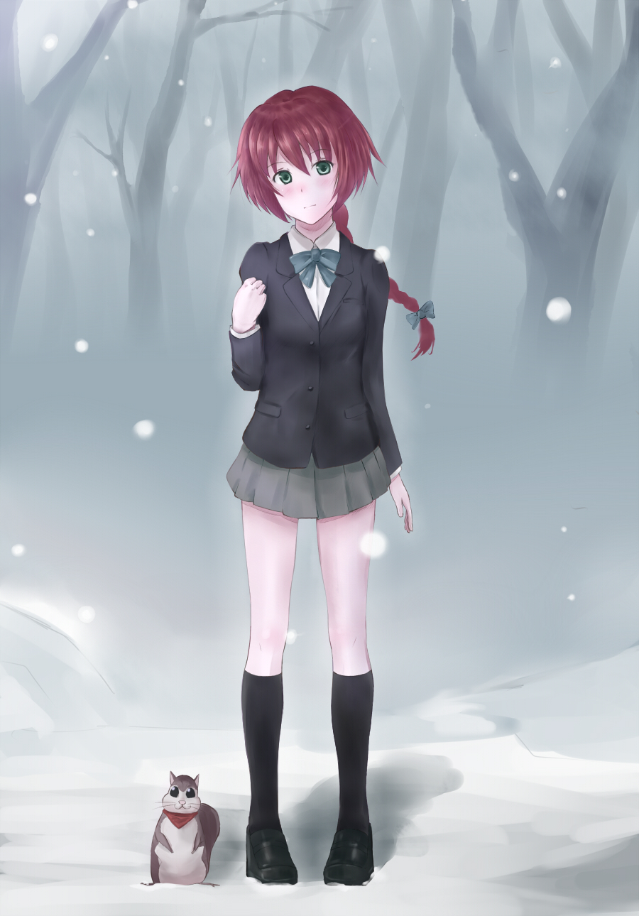 purea, petya, suou pavlichenko, darker than black, highres, 00s, 1girl, braid, female focus, green eyes, pleated skirt, red hair, skirt, snow, solo, squirrel