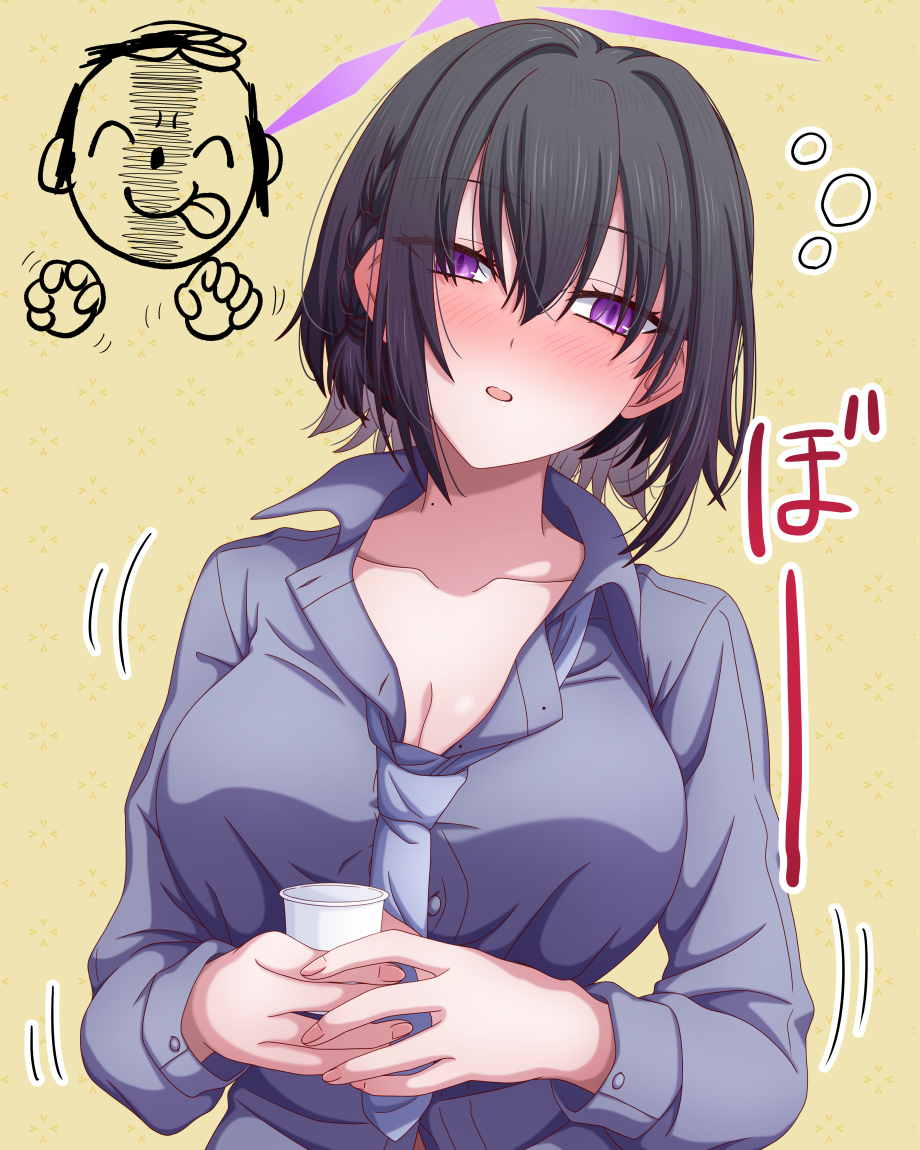 hasebe akira, doodle sensei (blue archive), sensei (blue archive), subaru (blue archive), blue archive, commentary request, translation request, 1boy, 1girl, black hair, blush, breasts, cleavage, cup, doodle inset, dress shirt, drunk, halo, holding, holding cup, large breasts, looking at viewer, loose necktie, mole, mole on neck, necktie, parted lips, partially open shirt, patterned background, purple eyes, purple halo, purple necktie, purple shirt, reaction inset, shirt, short braid, short hair, squeans, straight-on, tongue, tongue out, upper body, yellow background