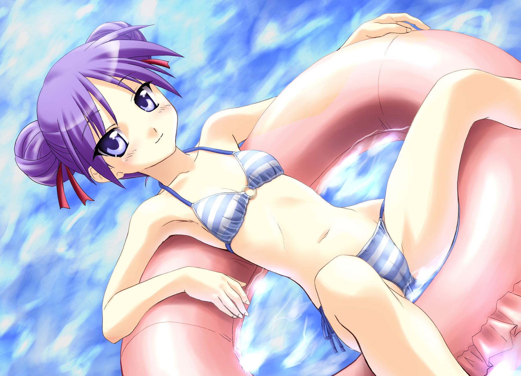 norizou type-r, hiiragi kagami, lucky star, highres, 00s, 1girl, alternate hairstyle, bikini, blue eyes, blush, cameltoe, collarbone, double bun, female focus, flat chest, groin, hair bun, hair ribbon, innertube, navel, o-ring, o-ring top, ocean, purple hair, ribbon, side-tie bikini bottom, smile, solo, striped bikini, striped clothes, swim ring, swimsuit, tsurime