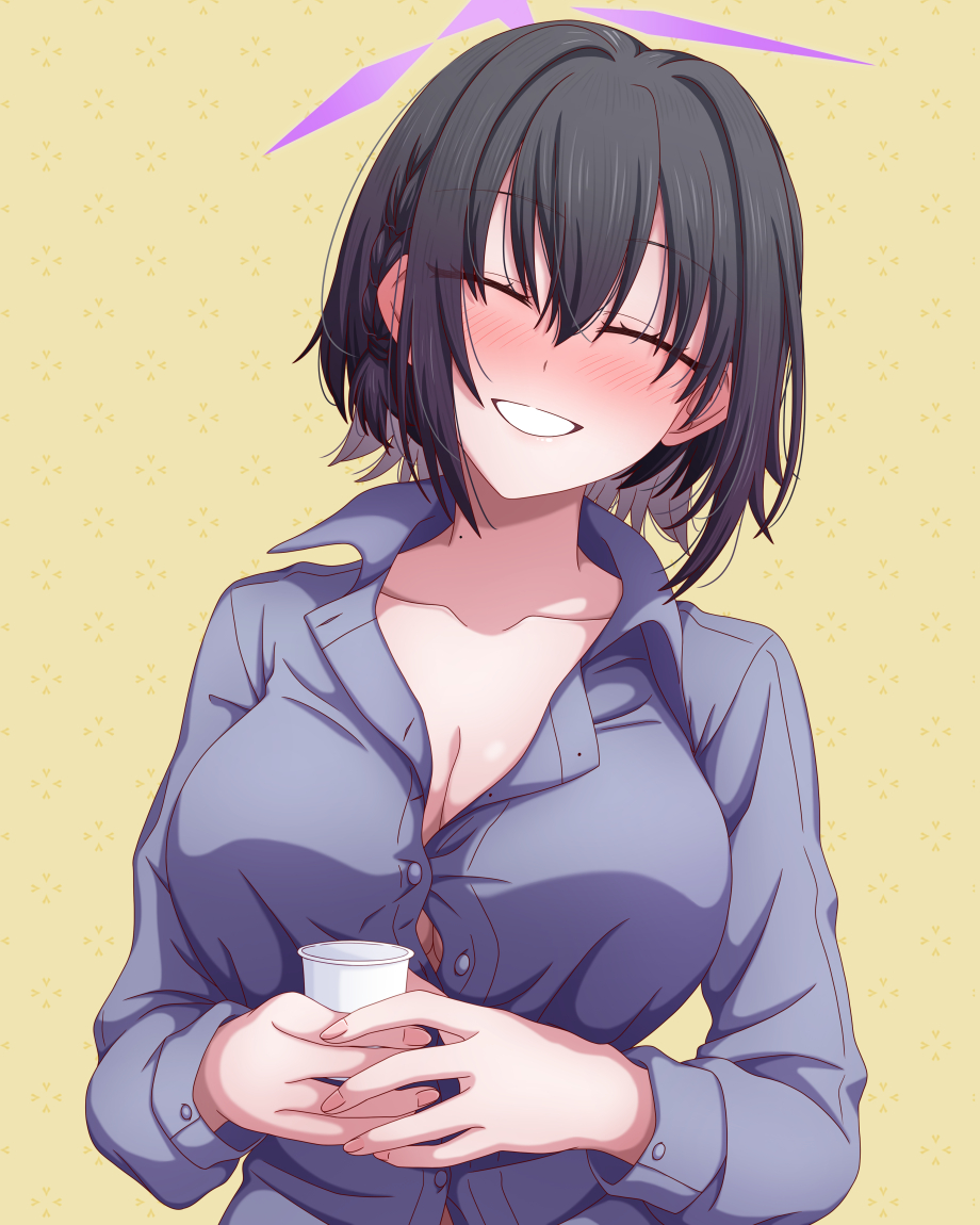 hasebe akira, subaru (blue archive), blue archive, commentary request, textless version, 1girl, black hair, blush, breasts, button gap, cleavage, closed eyes, cup, dress shirt, drunk, facing viewer, grin, halo, holding, holding cup, large breasts, loose necktie, mole, mole on neck, necktie, partially open shirt, patterned background, purple halo, purple shirt, shirt, short braid, short hair, smile, solo, straight-on, tongue, upper body, yellow background