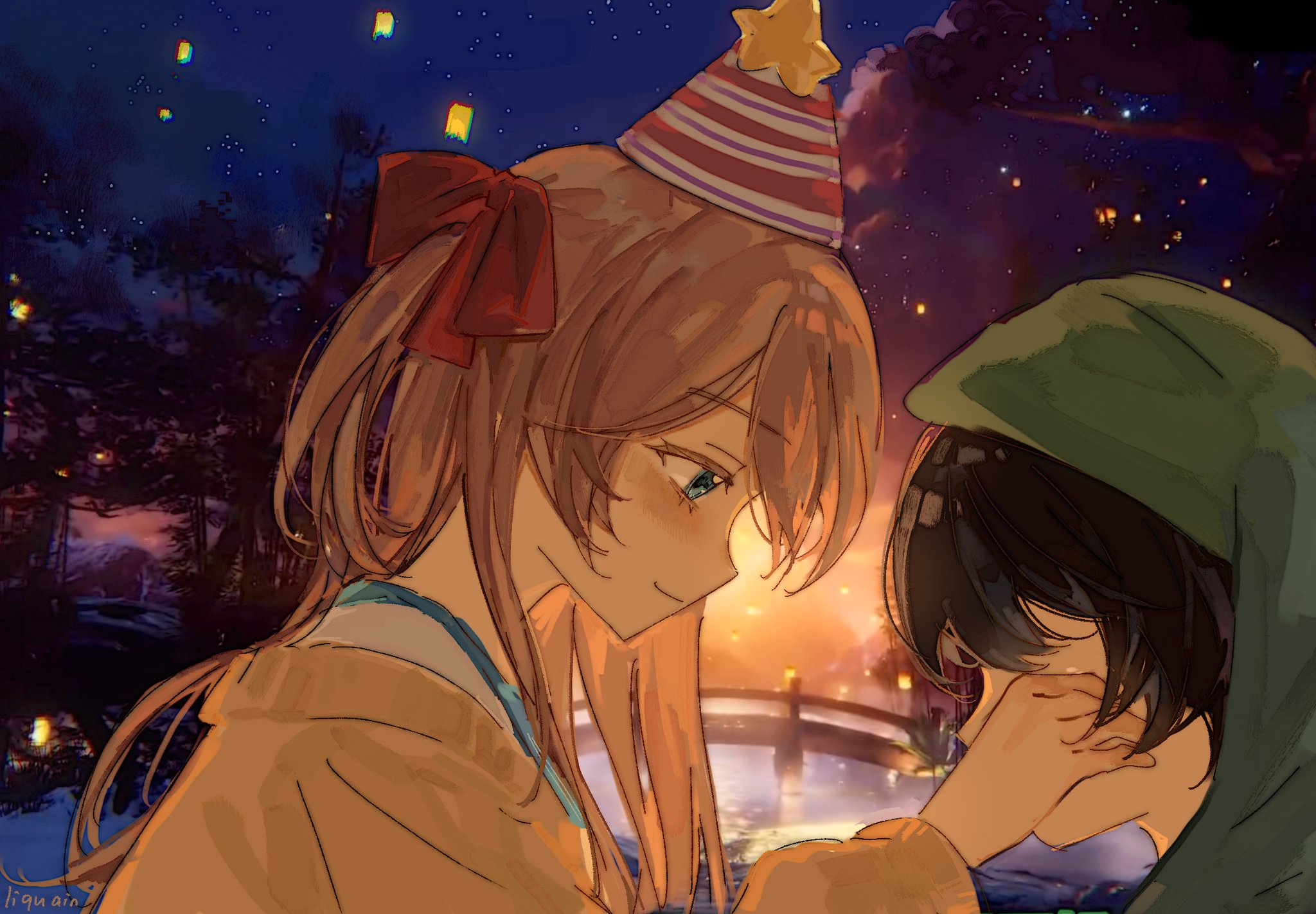 liquain, neuro-sama, vedal987, vedal ai, vrchat, highres, 1boy, 1girl, artist name, black hair, blue eyes, blush, bridge, brown hair, cardigan, closed mouth, covered eyes, from side, green hoodie, hair between eyes, hair ribbon, hat, hood, hood up, hoodie, lantern, long hair, long sleeves, looking at another, paper lantern, party hat, profile, red ribbon, ribbon, short hair, sky, sky lantern, smile, star (sky), starry sky, sunset, tears, tree, two side up, water, wiping tears, yellow cardigan