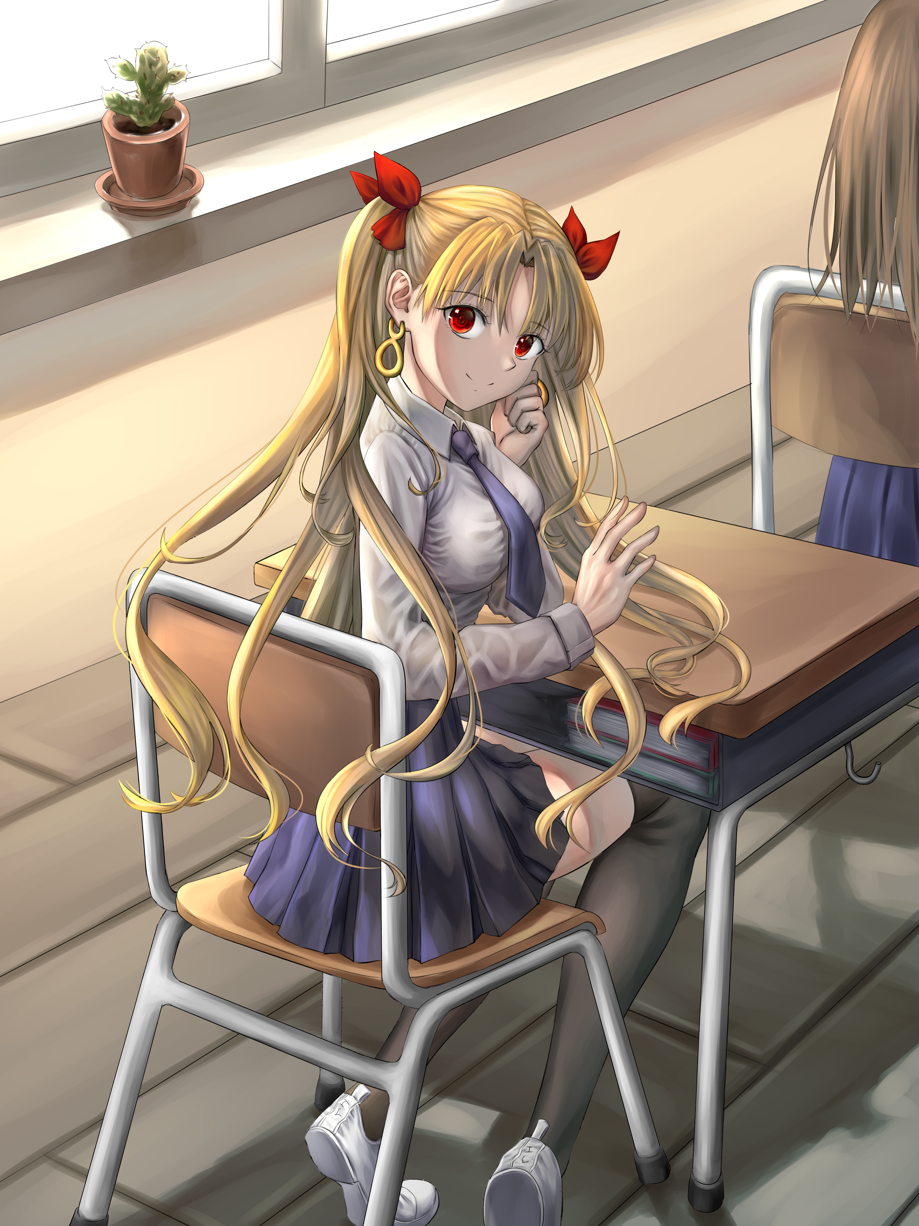 kotta, ereshkigal (fate), fate/grand order, fate (series), absurdres, highres, 1girl, black skirt, blonde hair, blue skirt, blush, bow, breasts, chair, classroom, closed mouth, collared shirt, desk, earrings, hair bow, hair ribbon, head rest, hoop earrings, indoors, jewelry, long hair, long sleeves, looking at another, looking at viewer, medium breasts, necktie, on chair, parted bangs, pleated skirt, red bow, red eyes, ribbon, school chair, school desk, school uniform, shirt, sitting, skirt, smile, solo, table, thighhighs, tight clothes, tight shirt, twintails, two side up, very long hair, waving, white shirt, window, zettai ryouiki