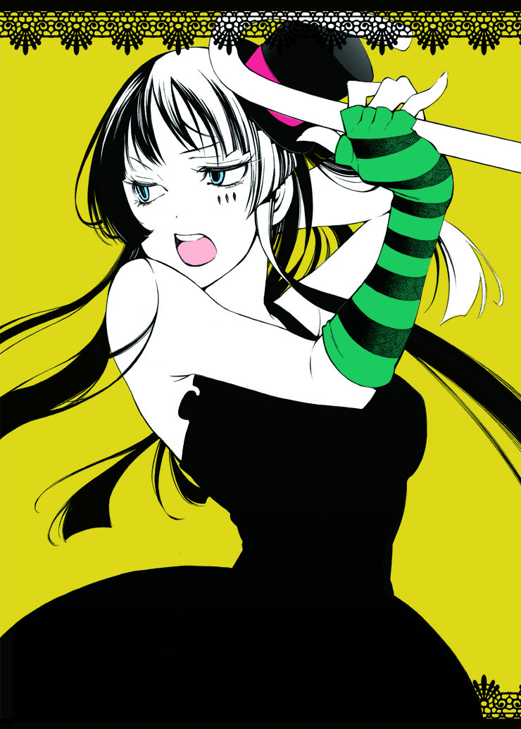 uousa-ou, akiyama mio, don't say "lazy", k-on!, bad id, bad pixiv id, 00s, 1girl, black hair, blue eyes, blunt bangs, cane, dress, female focus, fingerless gloves, gloves, hat, hime cut, long hair, mini hat, mini top hat, solo, top hat