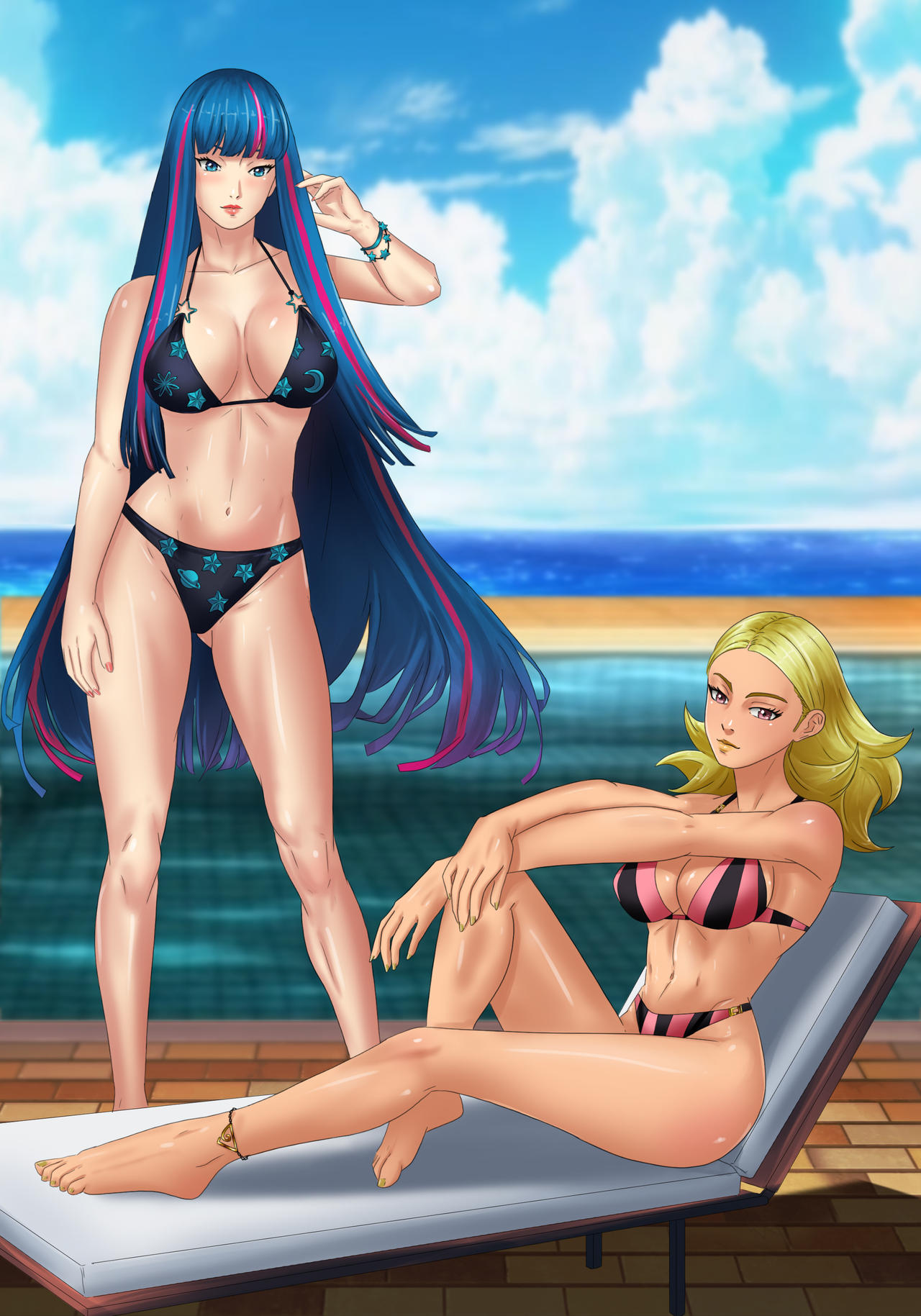 amenoosa, ada (boruto), delta (boruto), boruto: naruto next generations, naruto (series), highres, 2girls, anklet, barefoot, beach, blonde hair, blue eyes, blue hair, bra, breasts, feet, jewelry, lipstick, long hair, makeup, multicolored hair, multiple girls, panties, pink hair, swimsuit, underwear, yellow nails