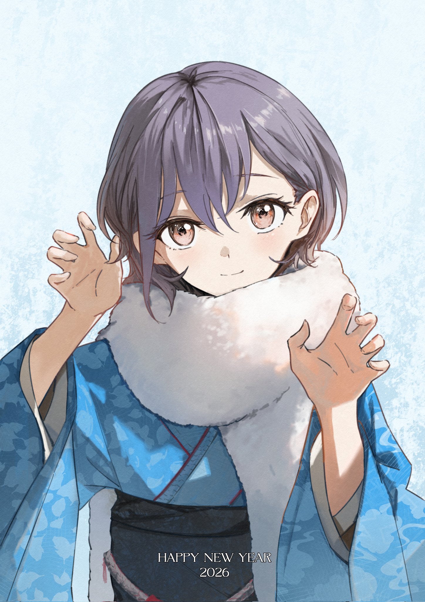 kissshotmagia, takamatsu tomori, bang dream!, bang dream! it's mygo!!!!!, comiket 107, commentary request, highres, 1girl, blue kimono, brown eyes, closed mouth, grey hair, hands up, happy new year, japanese clothes, kimono, long sleeves, looking at viewer, multicolored hair, new year, roots (hair), short hair, solo, upper body