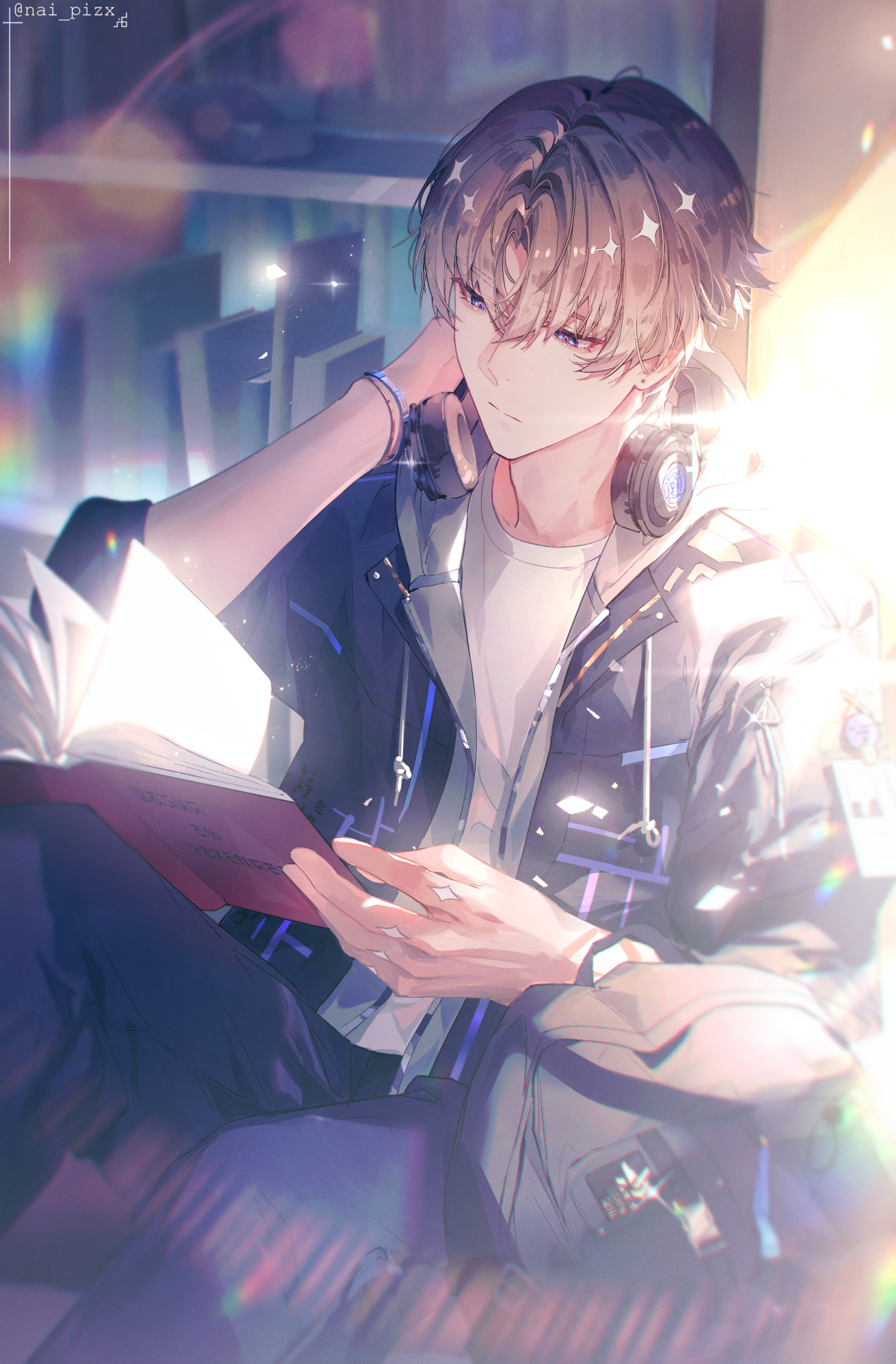 nai pizx, xiangli yao (wuthering waves), wuthering waves, commentary request, highres, 1boy, alternate costume, backpack, bag, black jacket, black pants, blue eyes, book, brown hair, chromatic aberration, closed mouth, headphones, headphones around neck, holding, holding book, jacket, male focus, pants, reading, shirt, sitting, solo, white shirt
