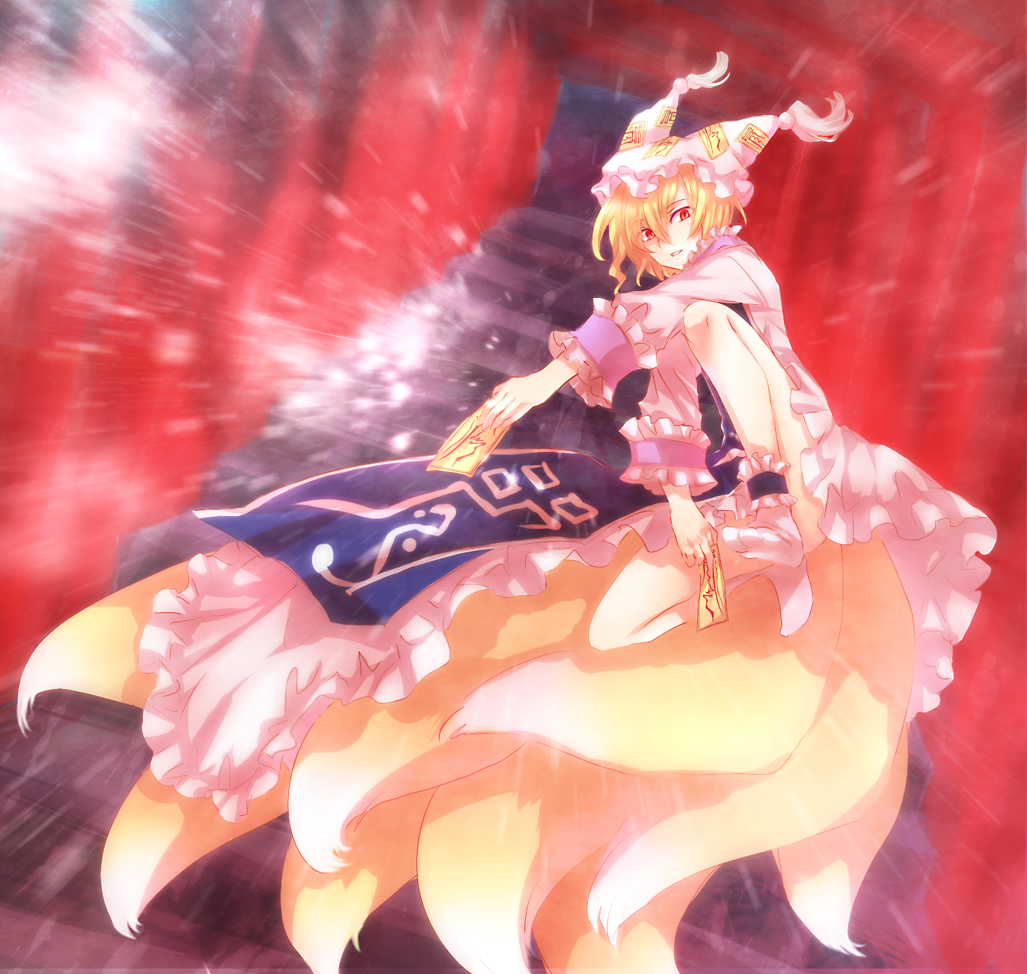 neme, yakumo ran, touhou, silver hair, bad id, bad pixiv id, highres, 1girl, amulet, animal ears, blonde hair, censored, convenient censoring, convenient leg, danmaku, female focus, fox ears, fox tail, hat, motion blur, multiple tails, no panties, ofuda, red eyes, short hair, solo, tail, torii