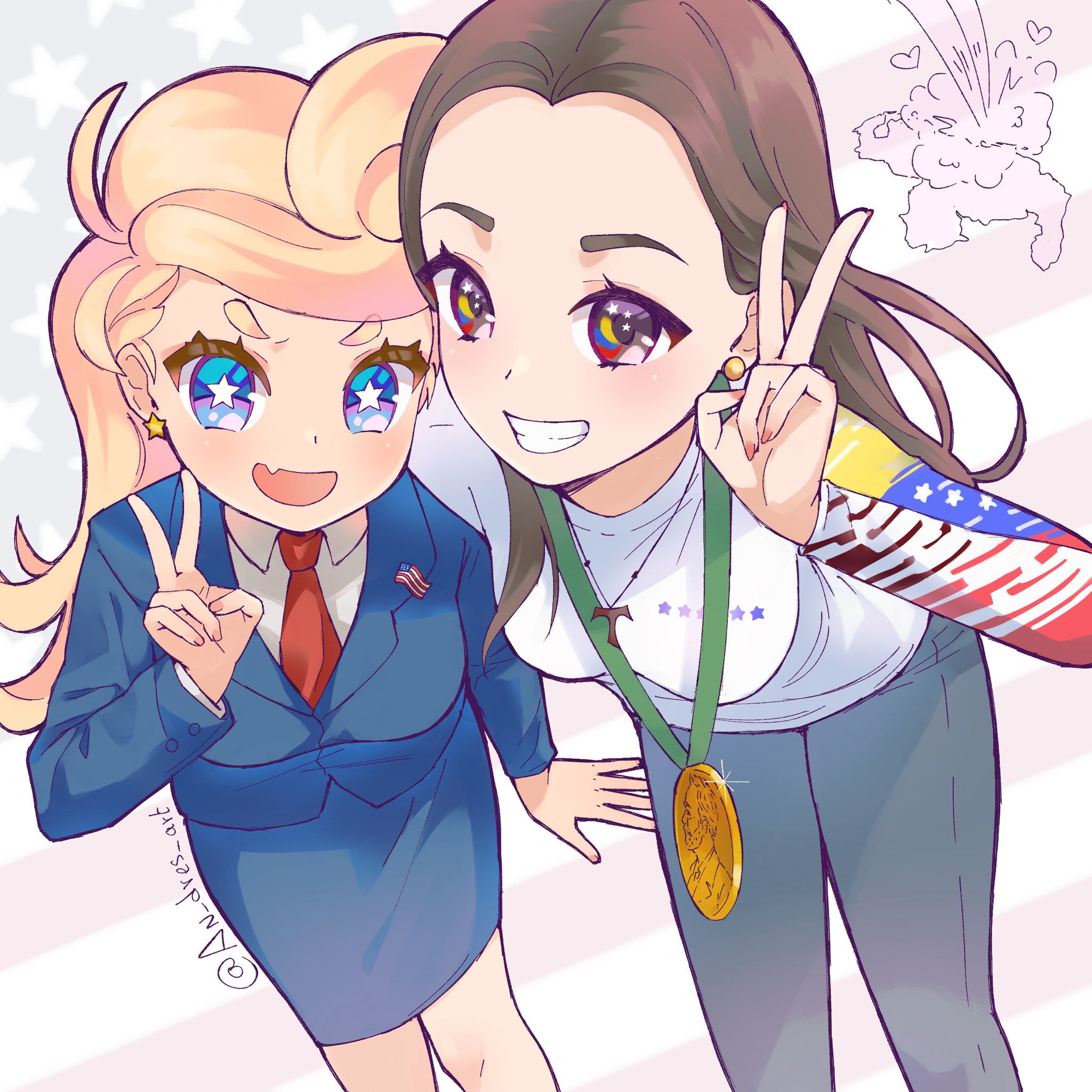 an dres art, donald trump, real life, highres, 2girls, american flag, blonde hair, blue eyes, blue suit, breasts, brown hair, denim, earrings, fang, formal clothes, genderswap, genderswap (mtf), grin, jeans, jewelry, long hair, maria corina machado, medal, medium breasts, multicolored eyes, multiple girls, necktie, pants, politician, red necktie, shirt, skirt, skirt suit, smile, star-shaped pupils, star (symbol), suit, symbol-shaped pupils, v, venezuelan flag, white shirt