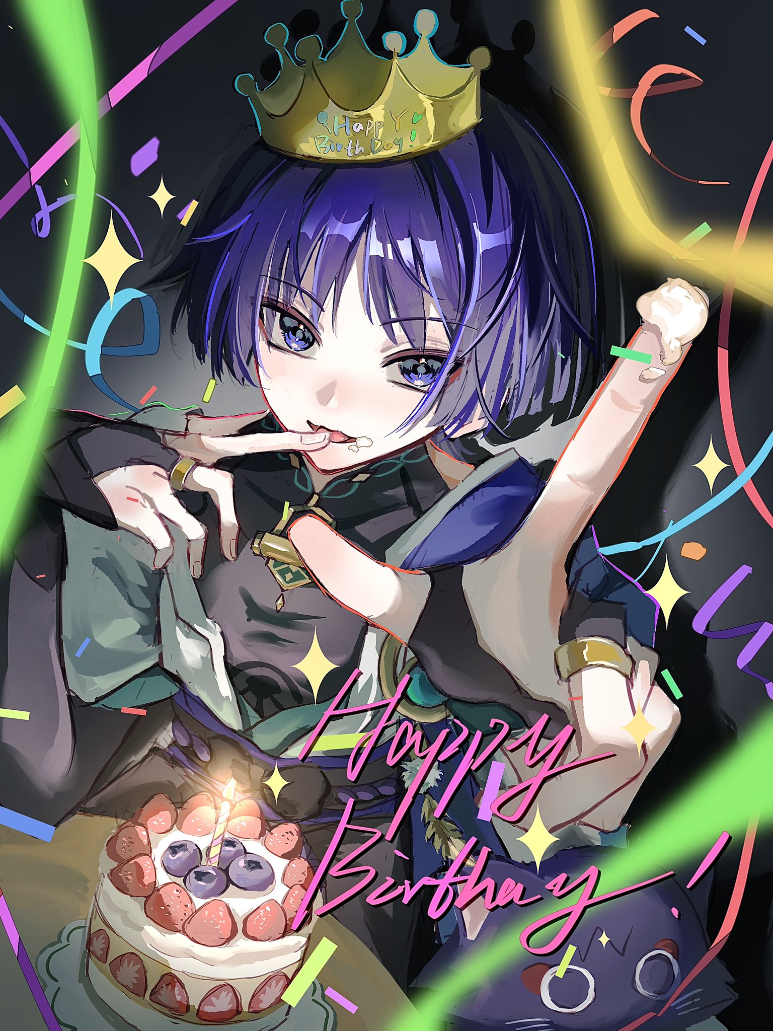 scaramouche (cat) (genshin impact), scaramouche (genshin impact), wanderer (genshin impact), genshin impact, commentary request, highres, 1boy, blah haohao, blue eyes, blue hair, blueberry, cake, candle, confetti, crown, food, fruit, happy birthday, jewelry, male focus, open mouth, ring, solo, strawberry, typo, whipped cream