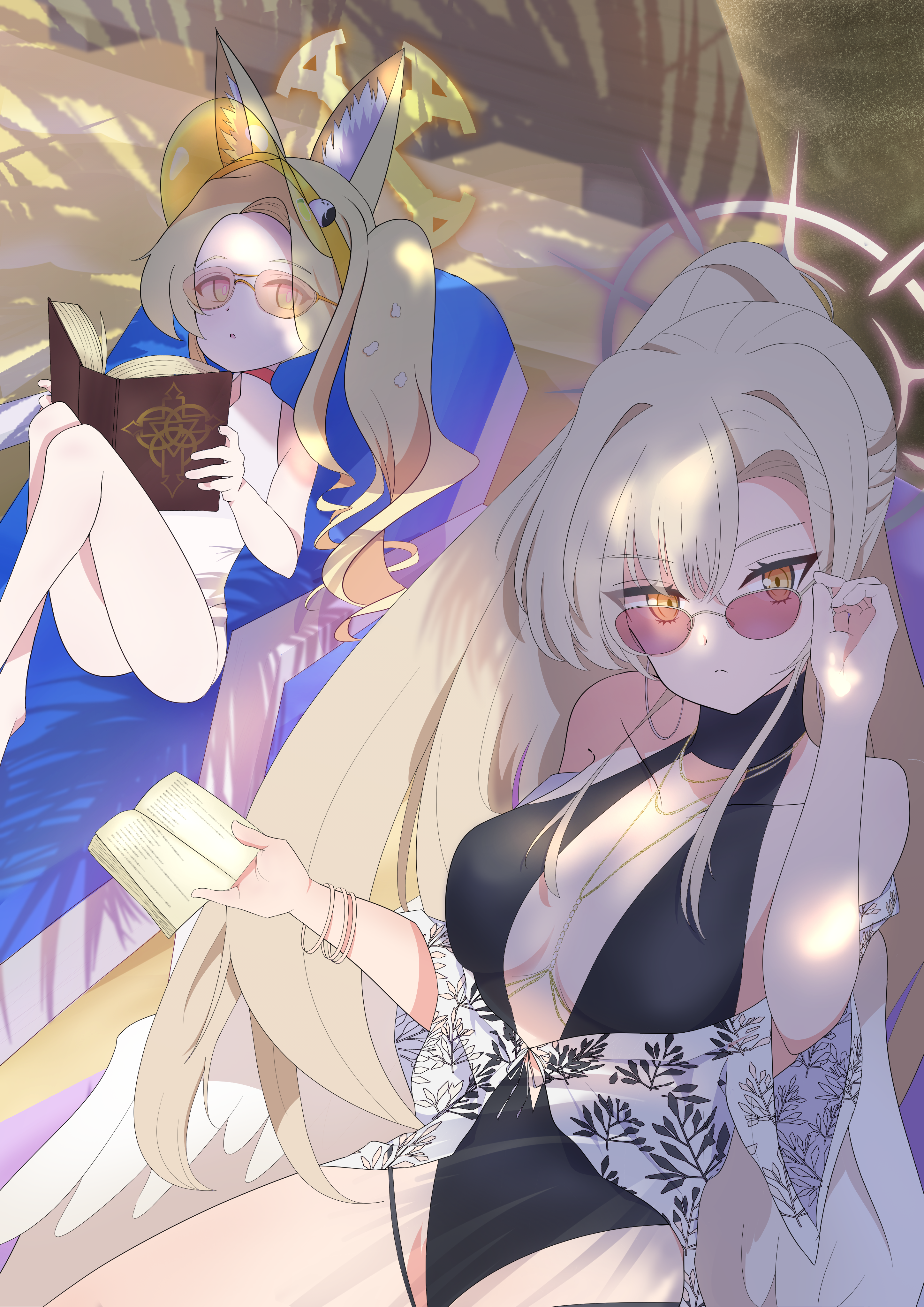 nagisa (blue archive), nagisa (swimsuit) (blue archive), seia (blue archive), seia (swimsuit) (blue archive), blue archive, absurdres, commentary request, highres, 2girls, animal ear fluff, black one-piece swimsuit, blonde hair, book, breasts, brown hair, cleavage, closed mouth, collarbone, feathered wings, feet out of frame, hair between eyes, halo, holding, holding book, large breasts, long hair, looking at viewer, multiple girls, official alternate costume, official alternate hairstyle, one-piece swimsuit, orange eyes, parted lips, pink halo, plasticboy47174, sunglasses, swimsuit, tea party (blue archive), very long hair, white one-piece swimsuit, white wings, wings, yellow halo