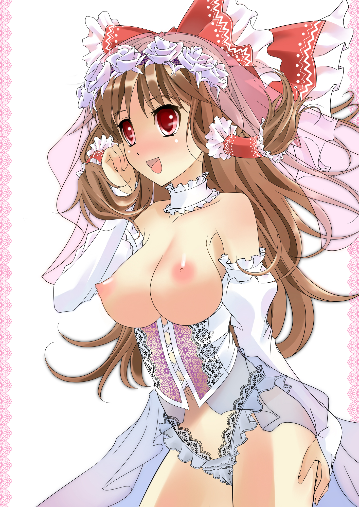 onaka sukisuki, hakurei reimu, touhou, bad id, bad pixiv id, highres, 1girl, bow, breastless clothes, breasts, bridal veil, bride, brown hair, corset, detached sleeves, dress, female focus, frills, hair bow, lace, large breasts, lingerie, long hair, nipples, panties, perky breasts, red eyes, revealing clothes, solo, thong, topless female, underwear, veil, wedding, wedding dress, white panties