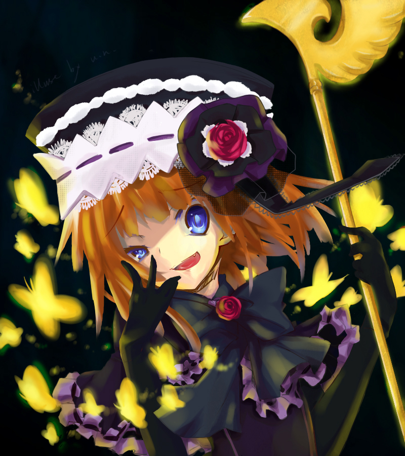 enoki shiki, eva beatrice, umineko no naku koro ni, bad id, bad pixiv id, 00s, 1girl, blue eyes, bow, bug, butterfly, elbow gloves, fang, female focus, flower, gloves, hat, orange hair, rose, solo, staff