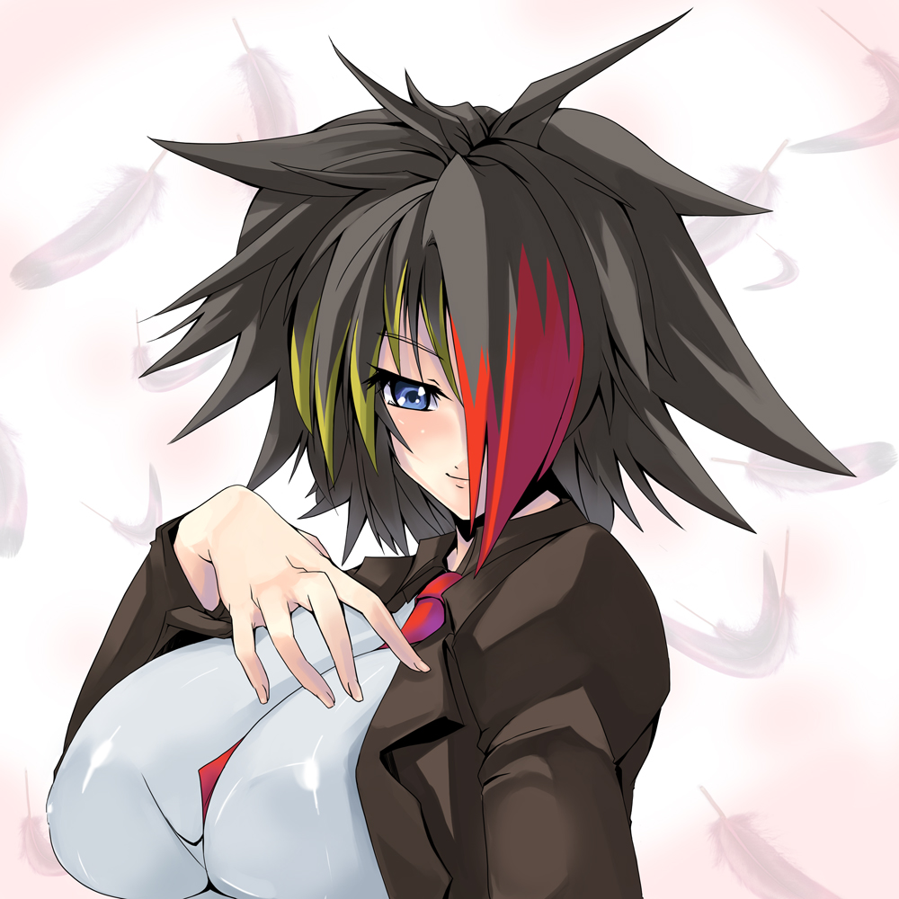 toono yayoi, staraptor, nintendo, pokemon, bad id, bad pixiv id, 1girl, blue eyes, breasts, feathers, female focus, gen 4 pokemon, large breasts, multicolored hair, necktie, personification, solo