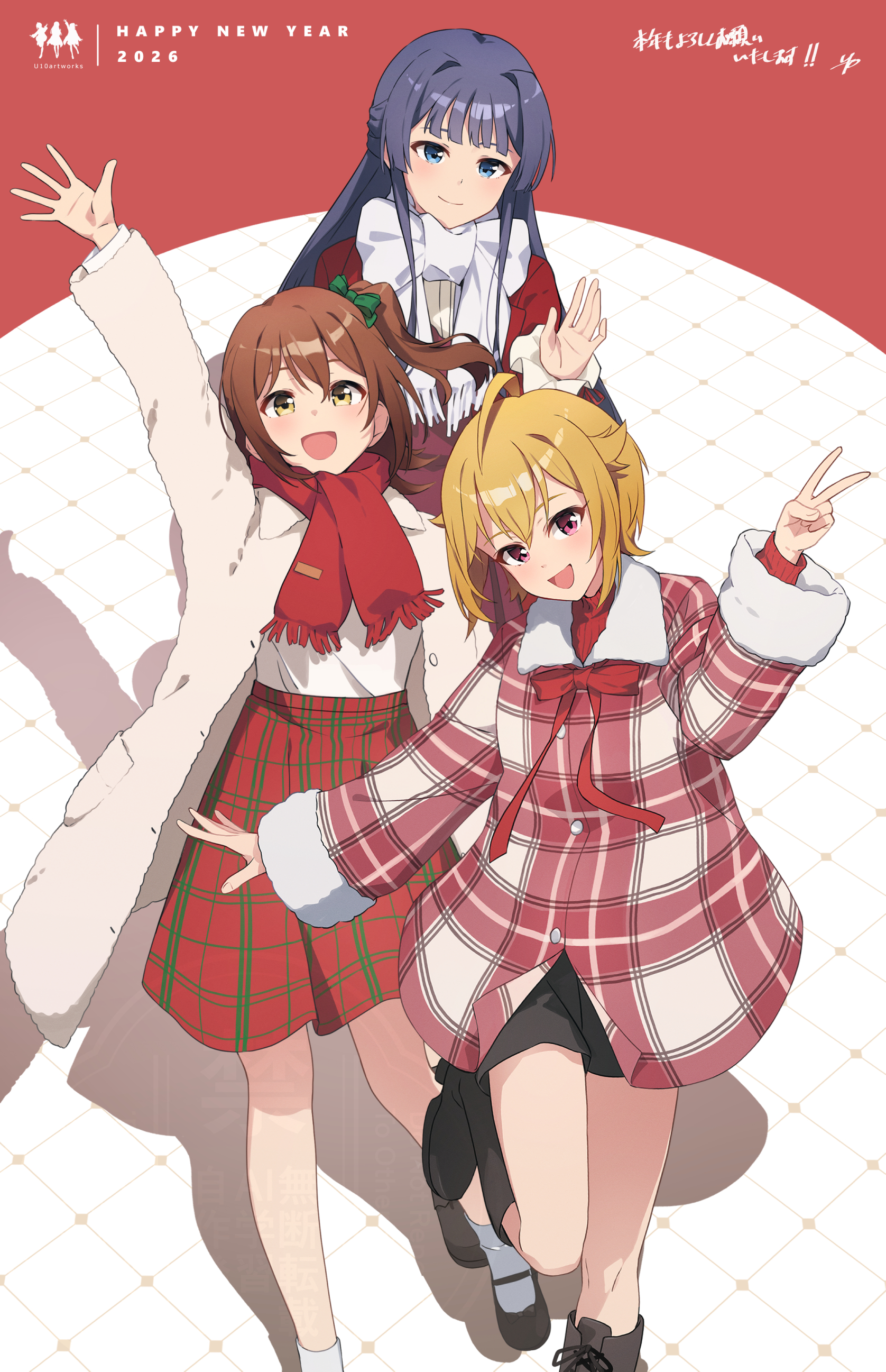 yoshito, ibuki tsubasa, kasuga mirai, mogami shizuka, idolmaster, idolmaster million live!, absurdres, commentary request, highres, revision, 2026, 3girls, ahoge, arm up, blonde hair, blue hair, blush, bow, brown hair, coat, hair flaps, happy new year, jacket, looking at viewer, multiple girls, new year, one side up, plaid clothes, plaid jacket, red scarf, scarf, scarf bow, smile, standing, standing on one leg, strawberry pop moon (idolmaster), v, white coat, white scarf