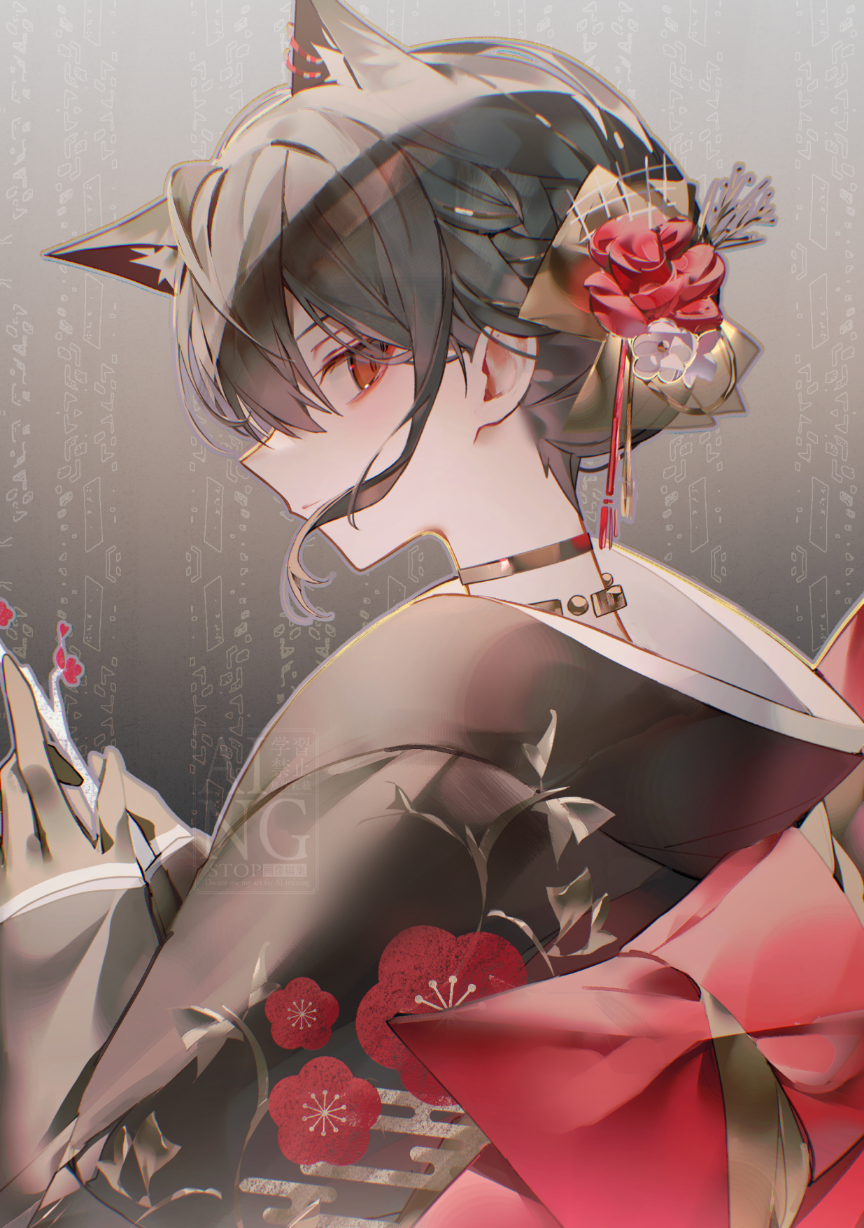 0 (znanimo), texas (arknights), arknights, commentary request, highres, 1girl, alternate costume, alternate hairstyle, animal ear fluff, animal ears, black choker, black gloves, black hair, black kimono, blush, choker, closed mouth, extra ears, floral print, floral print kimono, flower, from side, gloves, gradient background, grey background, hair between eyes, hair flower, hair ornament, holding, japanese clothes, jewelry, kimono, long sleeves, looking at viewer, looking to the side, necklace, obi, own hands together, print kimono, red eyes, red flower, sash, short hair, sideways glance, smile, solo, tassel, upper body, wolf ears