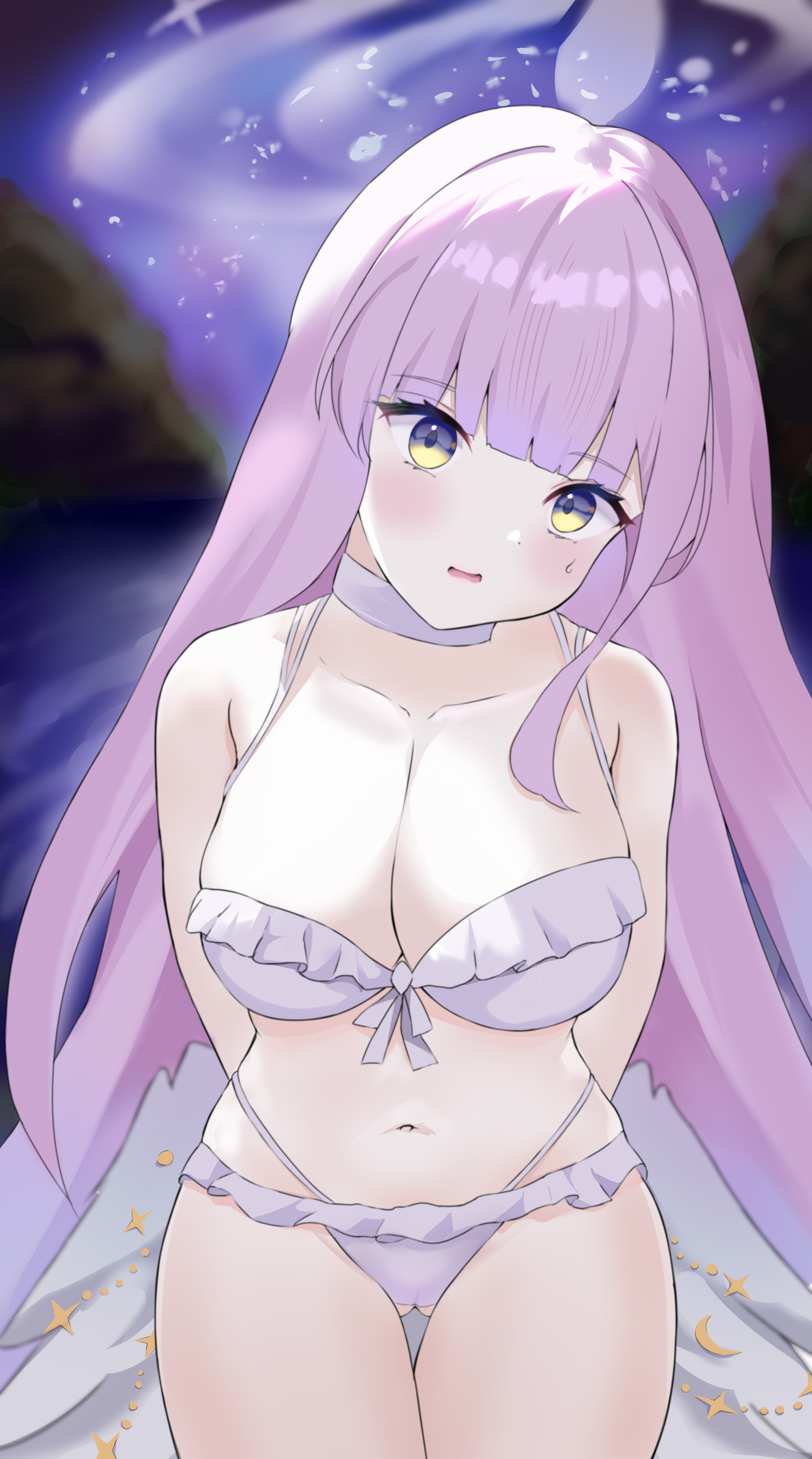 nagamok, mika (blue archive), mika (swimsuit) (blue archive), blue archive, absurdres, commentary request, highres, 1girl, angel wings, arms behind back, bare arms, bare shoulders, bikini, blush, breasts, choker, cleavage, collarbone, crescent, feathered wings, frilled bikini, frills, halo, large breasts, long hair, looking at viewer, low wings, navel, official alternate costume, official alternate hairstyle, open mouth, pink hair, pink halo, purple eyes, ruffle bikini, solo, stomach, swimsuit, v, very long hair, white bikini, white choker, white wings, wing ornament, wings, yellow eyes
