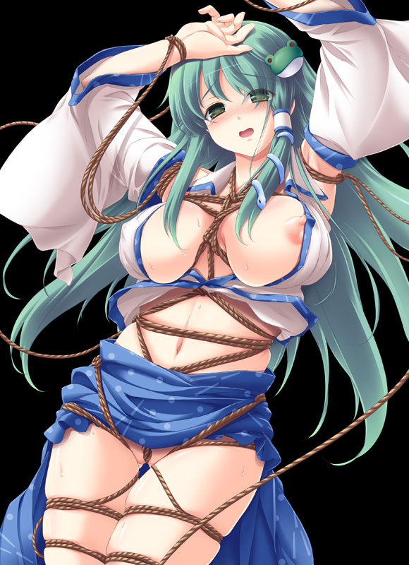 takamu, kochiya sanae, touhou, 1girl, bdsm, blush, bondage, bound, breasts, detached sleeves, female focus, frog, green eyes, green hair, hair ornament, japanese clothes, large breasts, long hair, matching hair/eyes, nipples, shibari, snake, solo