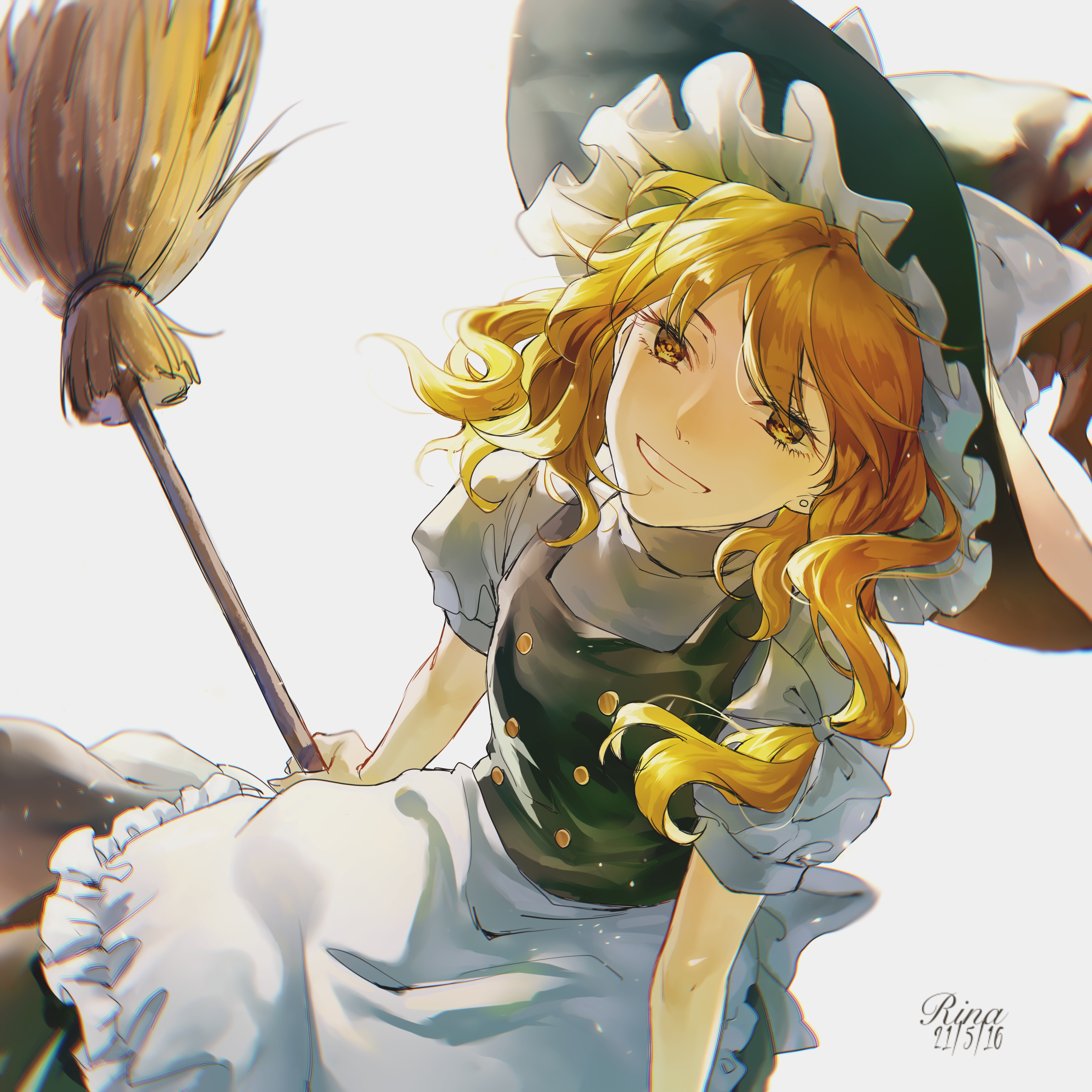 aihara-rina, kirisame marisa, touhou, absurdres, chinese commentary, commentary request, highres, 1girl, apron, artist name, black hat, black skirt, black vest, blonde hair, bow, broom, broom riding, dated, grey background, hair bow, hat, hat bow, long hair, looking at viewer, simple background, skirt, smile, solo, vest, waist apron, white apron, white bow, witch hat, yellow eyes