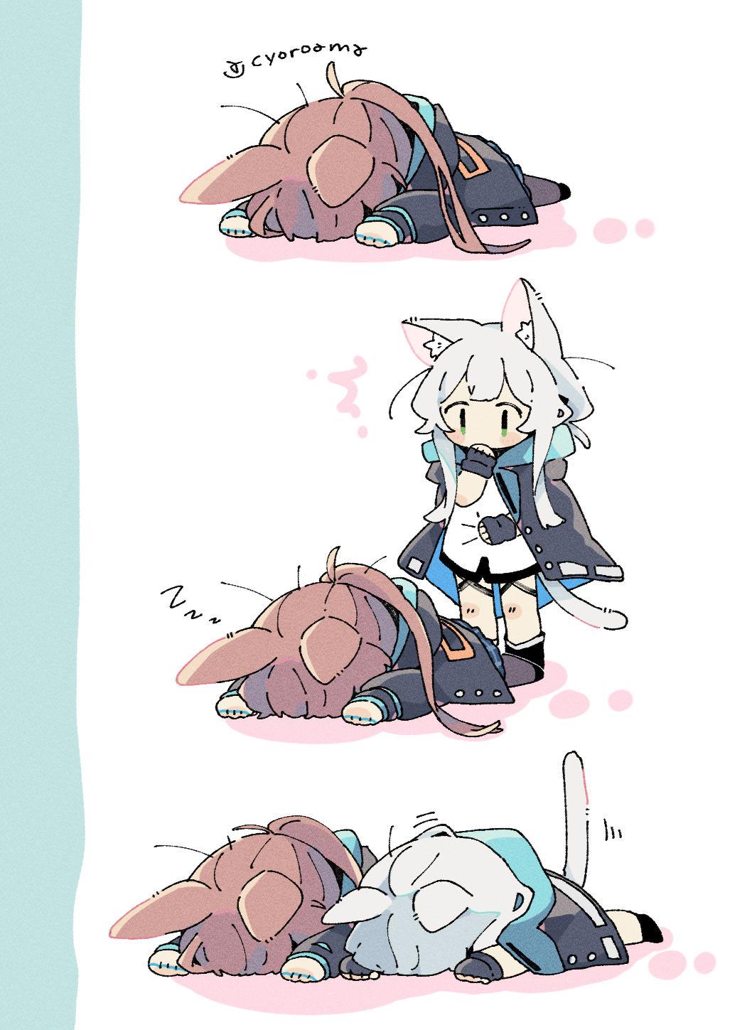 naguru (cyoroama), amiya (arknights), rosmontis (arknights), arknights, commentary request, highres, 2girls, animal ears, brown hair, cat ears, cat girl, cat tail, chibi, face down, grey hair, lying, multiple girls, on stomach, ponytail, rabbit ears, rabbit girl, short hair, tail, tail raised