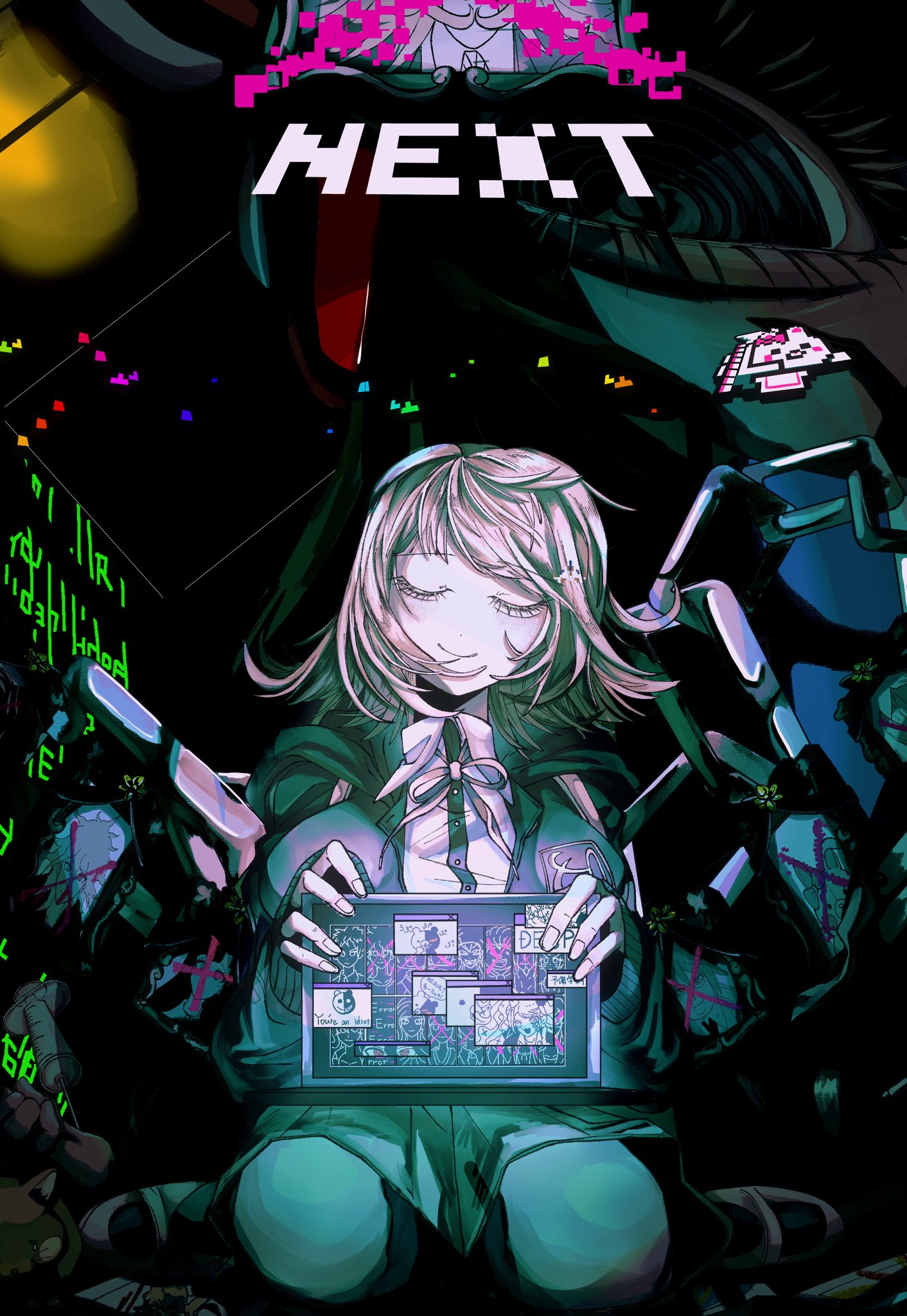 nanami chiaki, usami (danganronpa), danganronpa (series), danganronpa 2: goodbye despair, highres, 1girl, black shirt, brown skirt, closed eyes, closed mouth, computer, facing viewer, hair ornament, holding, holding laptop, iei, jacket, laptop, long sleeves, mu~u (payapaya1101), neck ribbon, open clothes, open jacket, pink ribbon, pleated skirt, ribbon, shirt, skirt, smile, solo, two-tone shirt, white shirt