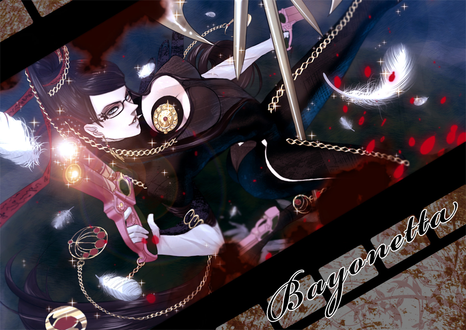 niconicozombie, bayonetta, bayonetta (series), 1girl, black hair, bodysuit, breasts, chain, cleavage cutout, clothing cutout, earrings, feathers, female focus, glasses, grey eyes, gun, hair bun, jewelry, long hair, red ribbon, ribbon, single hair bun, solo, very long hair, weapon