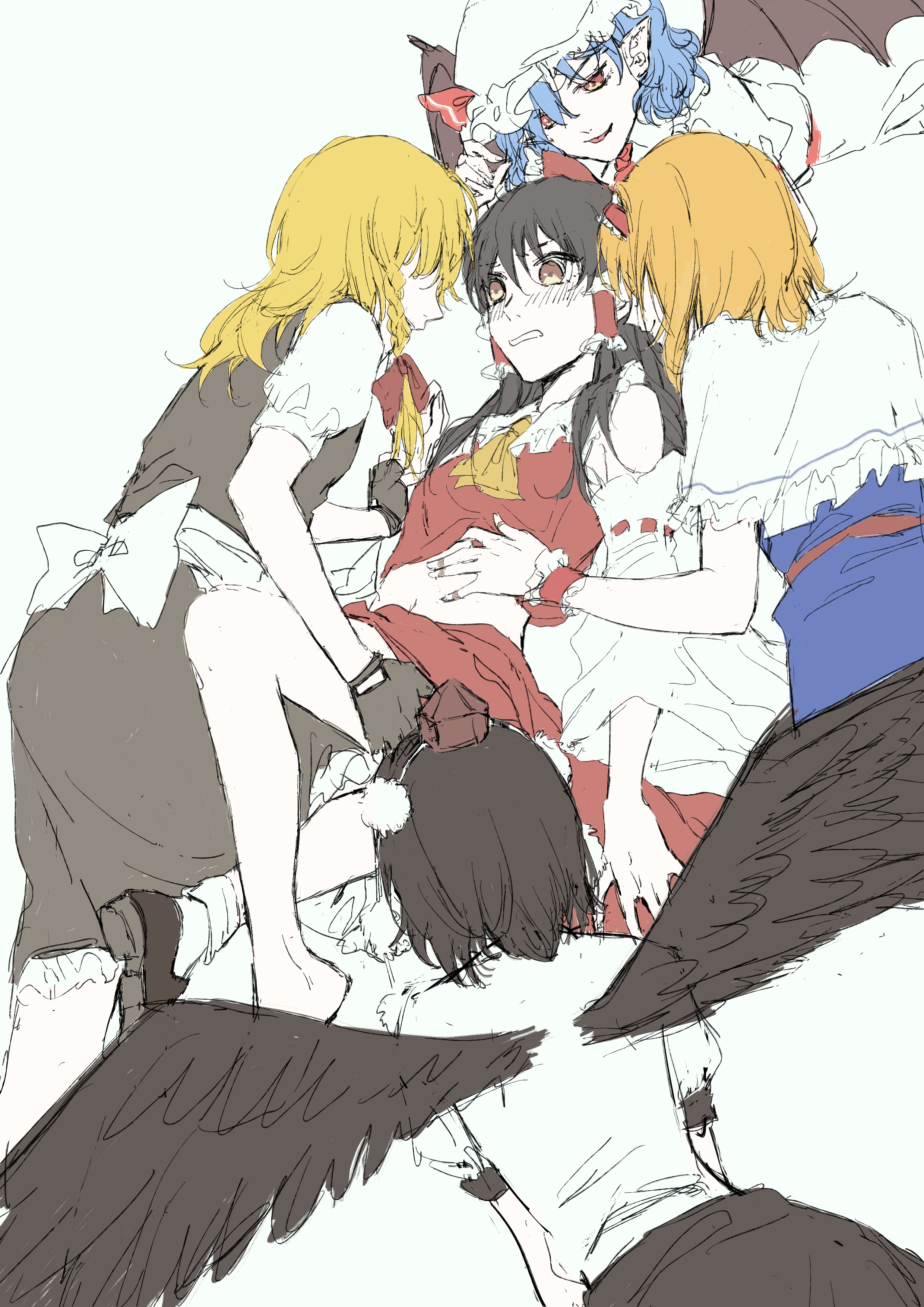 aihara-rina, alice margatroid, hakurei reimu, kirisame marisa, remilia scarlet, shameimaru aya, touhou, absurdres, chinese commentary, commentary request, highres, 5girls, ascot, back bow, bat wings, bird wings, black gloves, black shoes, black skirt, black vest, black wings, blonde hair, blue dress, blue hair, blush, bow, brown eyes, brown hair, capelet, clothes lift, detached sleeves, dress, feathered wings, frilled bow, frilled hair tubes, frills, gloves, hair bow, hair tubes, hairband, harem, hat, hat ribbon, lifting another's clothes, lolita hairband, long hair, midriff peek, mob cap, multiple girls, navel, no headwear, open mouth, pom pom (clothes), red bow, red eyes, red hairband, red hat, red skirt, ribbon, ribbon-trimmed sleeves, ribbon trim, shirt, shirt lift, shoes, skirt, skirt set, smile, socks, tokin hat, vest, white bow, white capelet, white hat, white shirt, white socks, wings, yellow ascot, yuri