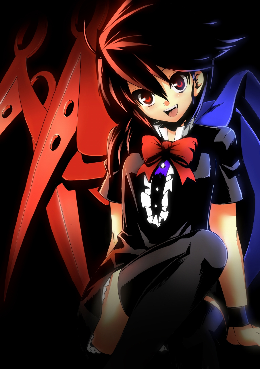 akimegu m, gohitsuki, houjuu nue, touhou, highres, 1girl, black hair, black thighhighs, fang, female focus, open mouth, red eyes, short hair, sitting, smile, solo, thighhighs, wings, zettai ryouiki