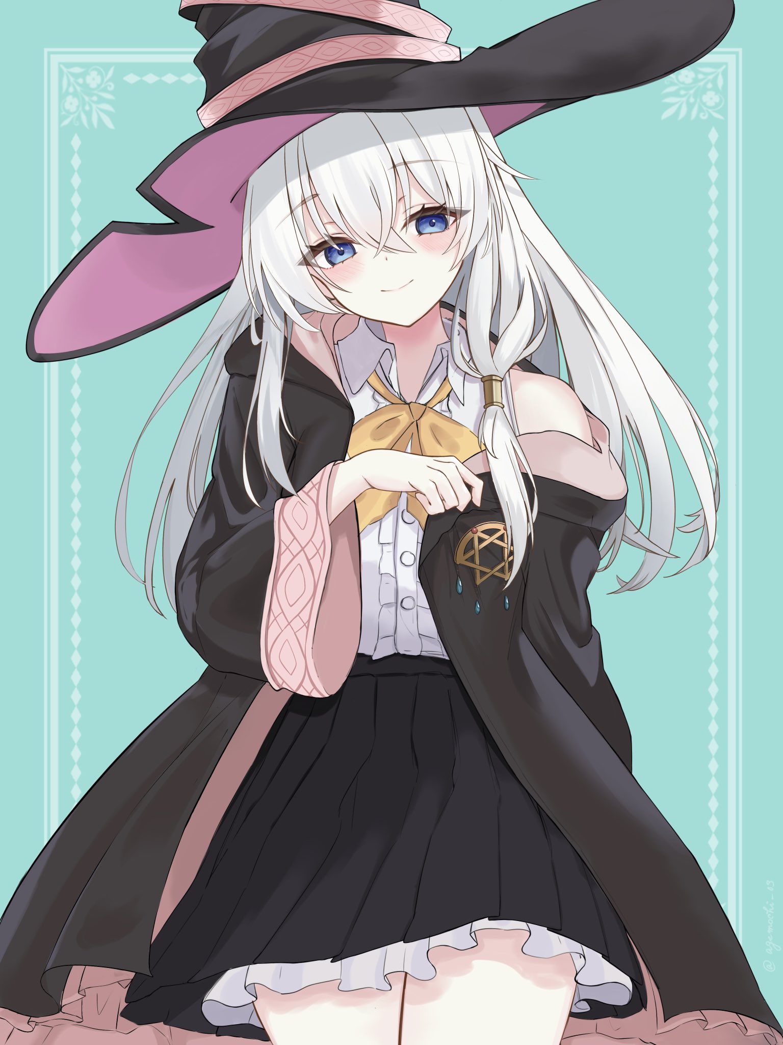elaina (majo no tabitabi), majo no tabitabi, highres, 1girl, agemochi 03, black hat, black robe, blue eyes, hair ornament, hat, hooded robe, long hair, looking at viewer, ribbon, robe, smile, thighs, white hair, witch hat, yellow ribbon
