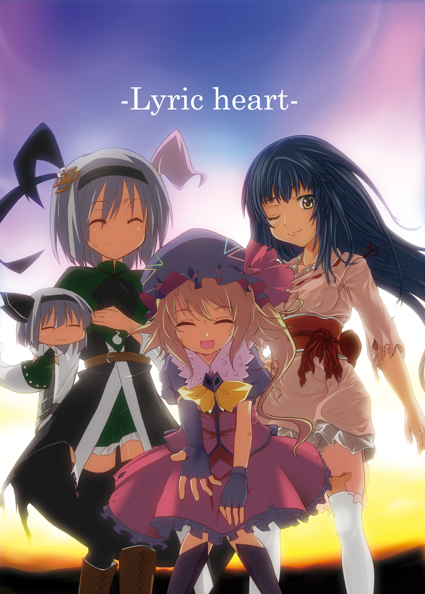 bell (artist), bell (oppore coppore), flandre scarlet, houraisan kaguya, konpaku youmu, konpaku youmu (ghost), touhou, silver hair, bad id, bad pixiv id, highres, 3girls, black hair, blonde hair, female focus, ghost, long hair, multiple girls, short hair, side ponytail, thighhighs