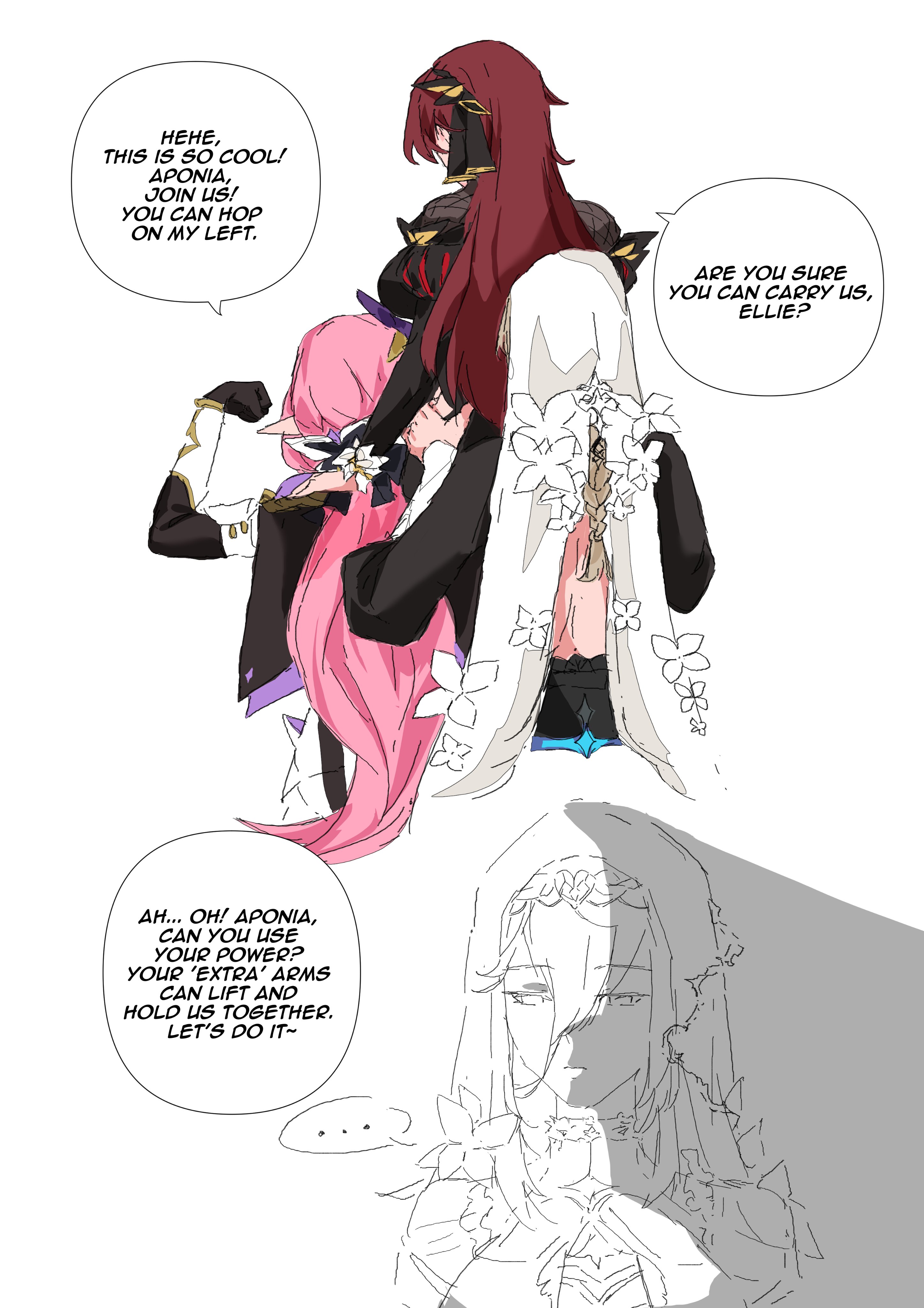 yaro yk, aponia, eden (honkai impact), elysia (honkai impact), elysia (miss pink elf) (honkai impact), honkai (series), honkai impact 3rd, absurdres, commentary, highres, …, 3girls, black dress, black gloves, brown hair, carrying, carrying person, dress, elf, english text, gloves, long hair, multiple girls, partially shaded face, pink hair, pointy ears, simple background, speech bubble, spoken ellipsis, veil, very long hair, white background, white veil