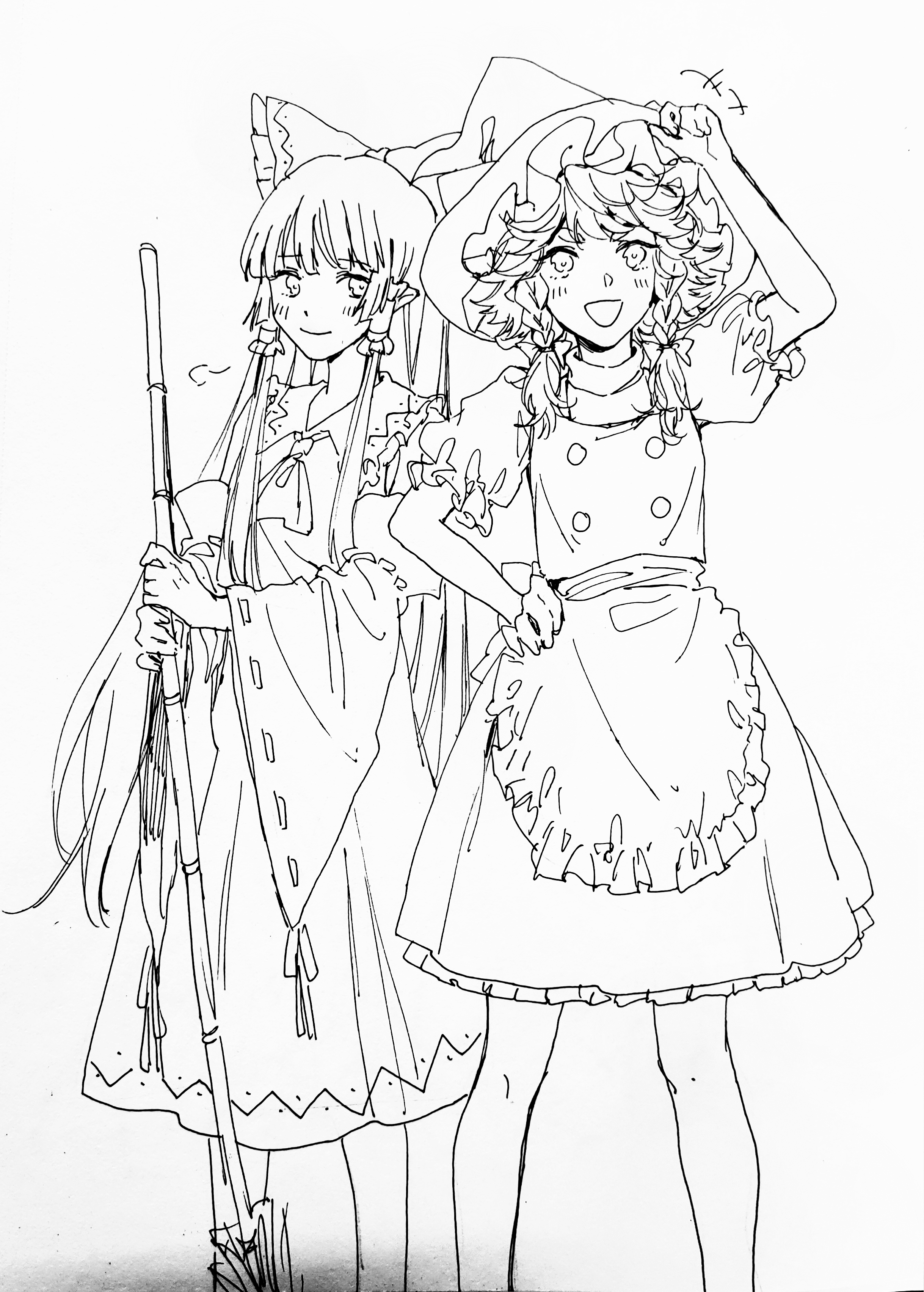 aihara-rina, hakurei reimu, kirisame marisa, touhou, absurdres, chinese commentary, commentary request, highres, +++, 2girls, alternate hairstyle, apron, ascot, bamboo broom, blush, bow, braid, broom, detached sleeves, frilled bow, frilled hair tubes, frilled skirt, frills, greyscale, hair bow, hair tubes, hand on own hip, hat, holding, holding broom, long hair, monochrome, multiple girls, open mouth, puff of air, puffy short sleeves, puffy sleeves, ribbon-trimmed sleeves, ribbon trim, short sleeves, skirt, smile, twin braids, vest, waist apron, witch hat