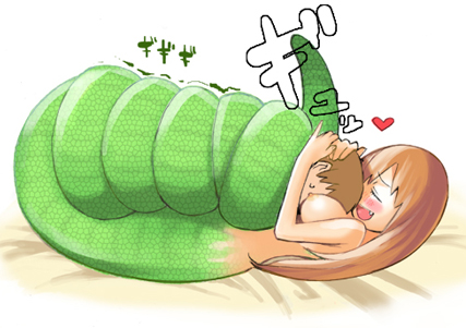 nanashin, lowres, 1boy, 1girl, bdsm, blush, bondage, bound, breast pillow, breast smother, breasts, brown hair, closed eyes, coiled, completely nude, constrict, couple, cuddling, face to breasts, fang, femdom, happy sex, head grab, heart, hetero, hug, lamia, monster, monster girl, nipples, nude, restrained, scales, sex, smile, smother, snake bondage, tail, tail wrap, text focus